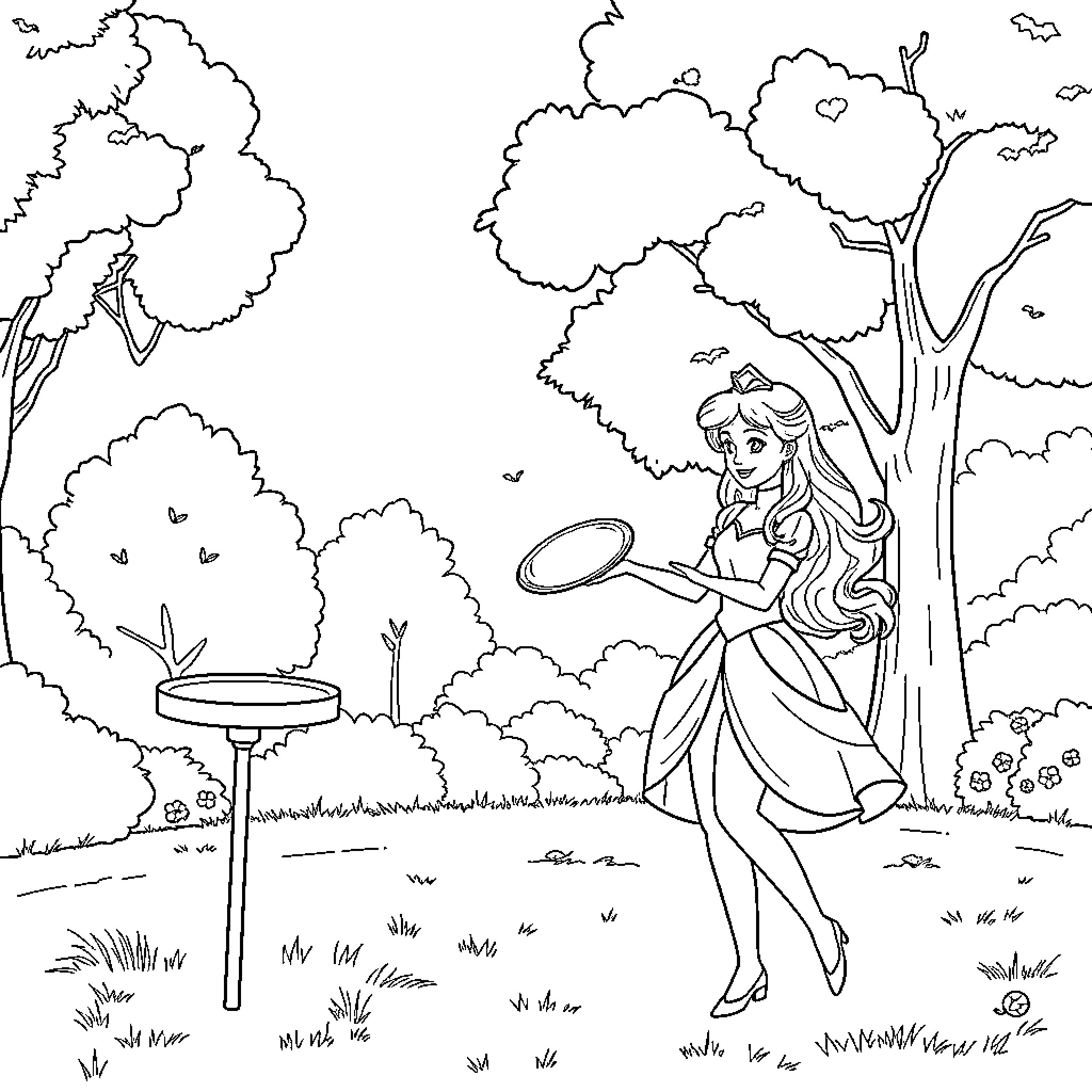 Princess enjoying outdoor activities in the park Coloring Page (free black-and-white line drawing printable PDF for all, from beginners to advanced learners, including children, teens, adults, and seniors)