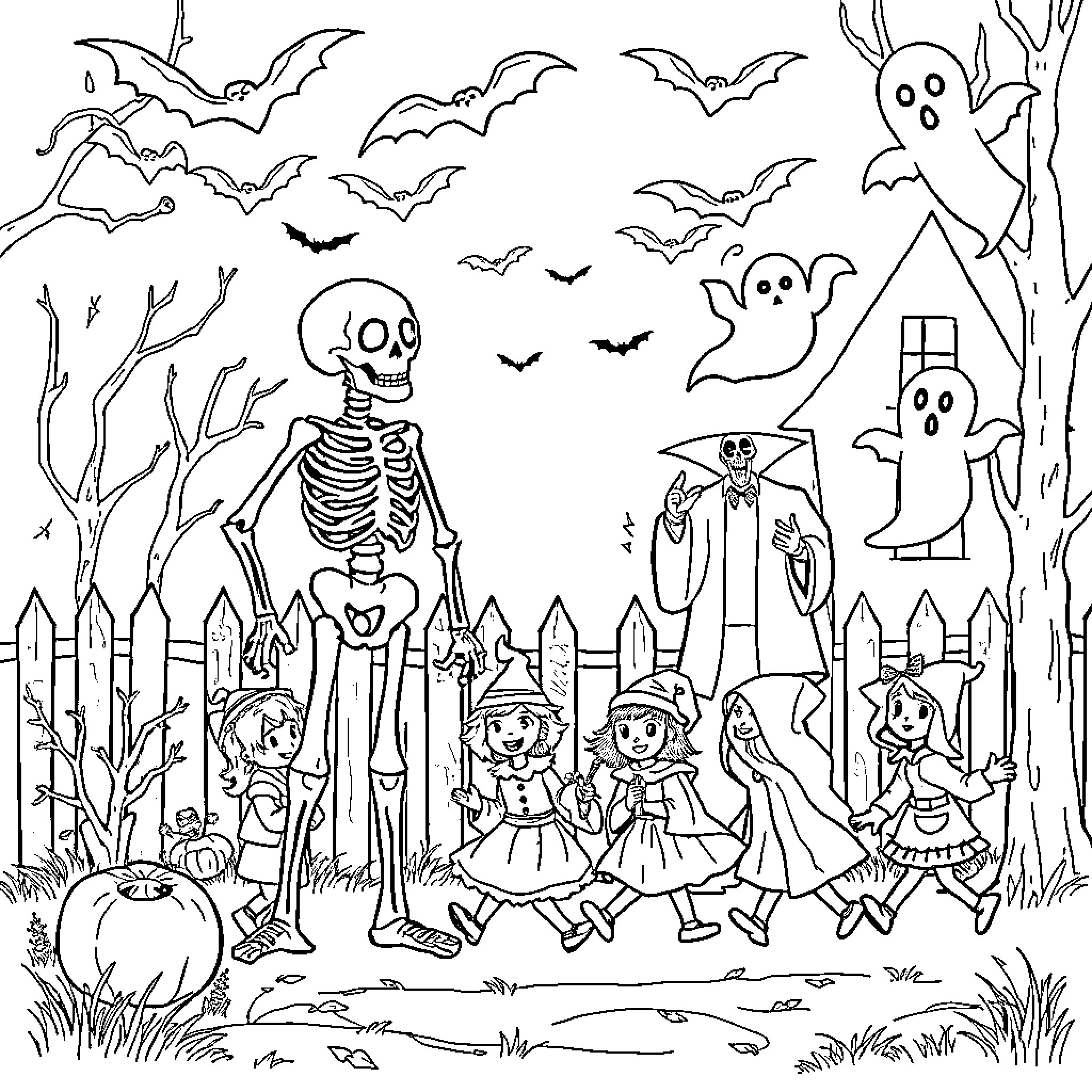 Halloween characters and spooky scenery Coloring Page (free black-and-white line drawing printable PDF for all, from beginners to advanced learners, including children, teens, adults, and seniors)
