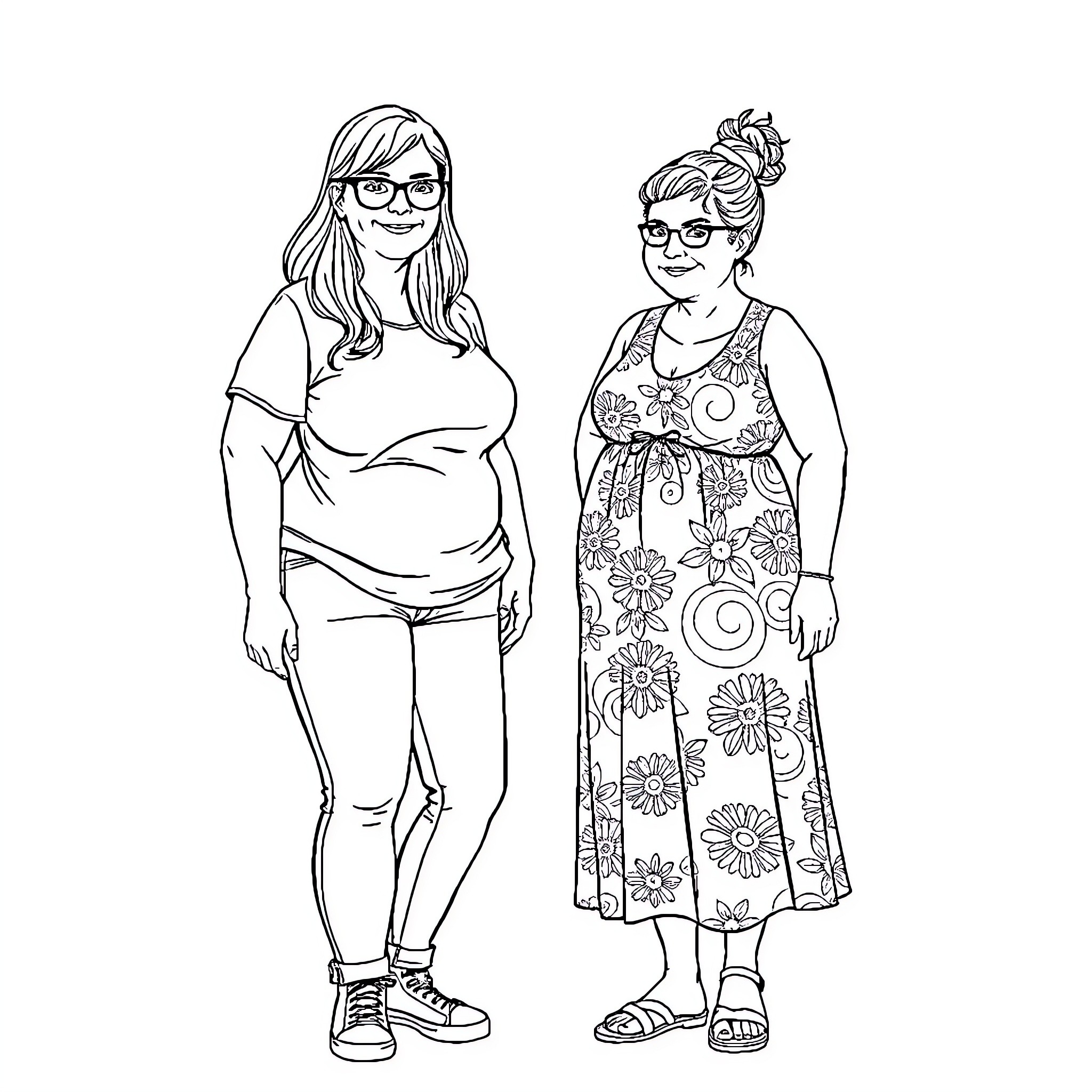 Women in Casual and Floral Outfits Coloring Page (free black-and-white line drawing printable PDF for all, from beginners to advanced learners, including children, teens, adults, and seniors)
