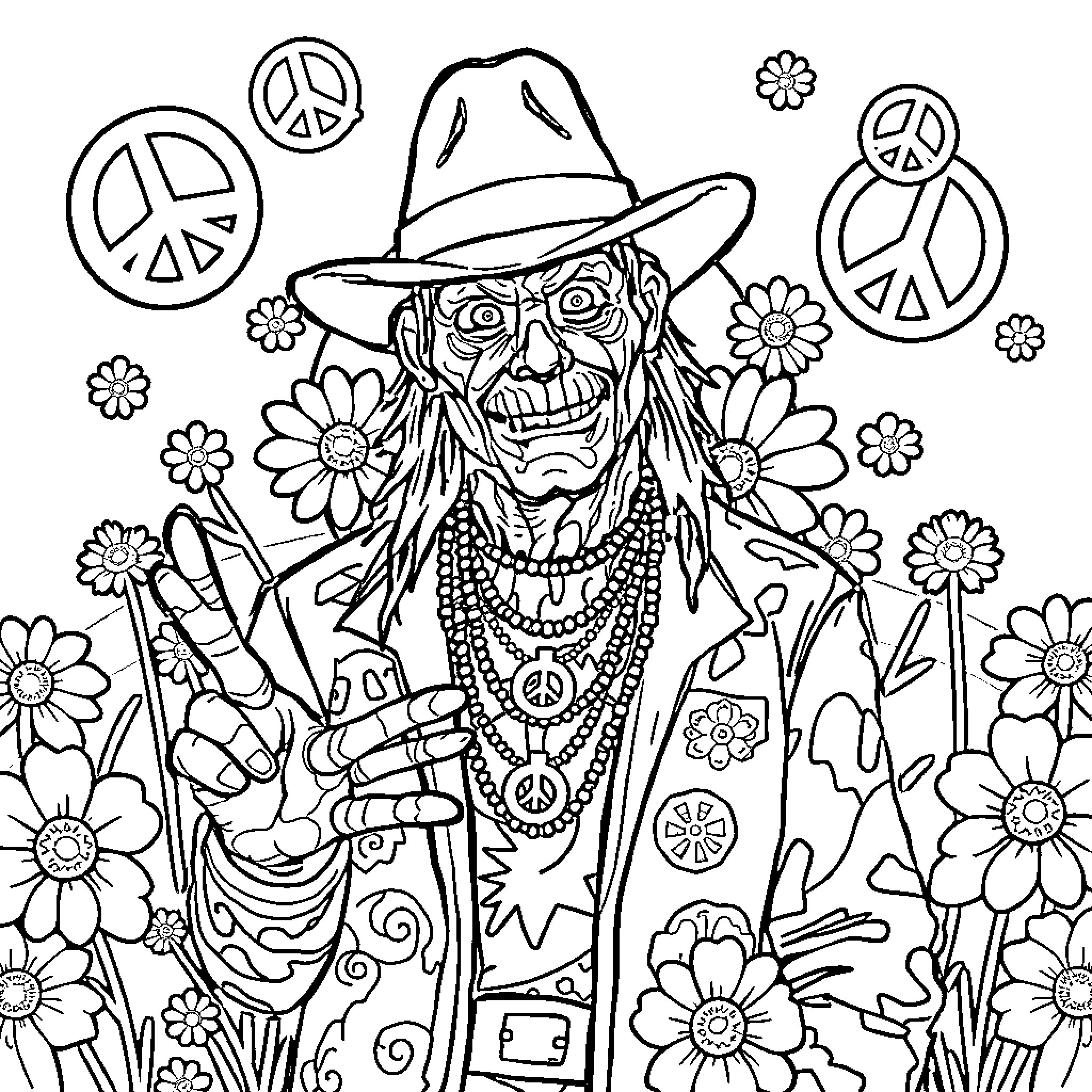 Freddy Kruger in a Psychedelic Hippie Outfit Coloring Page (free black-and-white line drawing printable PDF for all, from beginners to advanced learners, including children, teens, adults, and seniors)