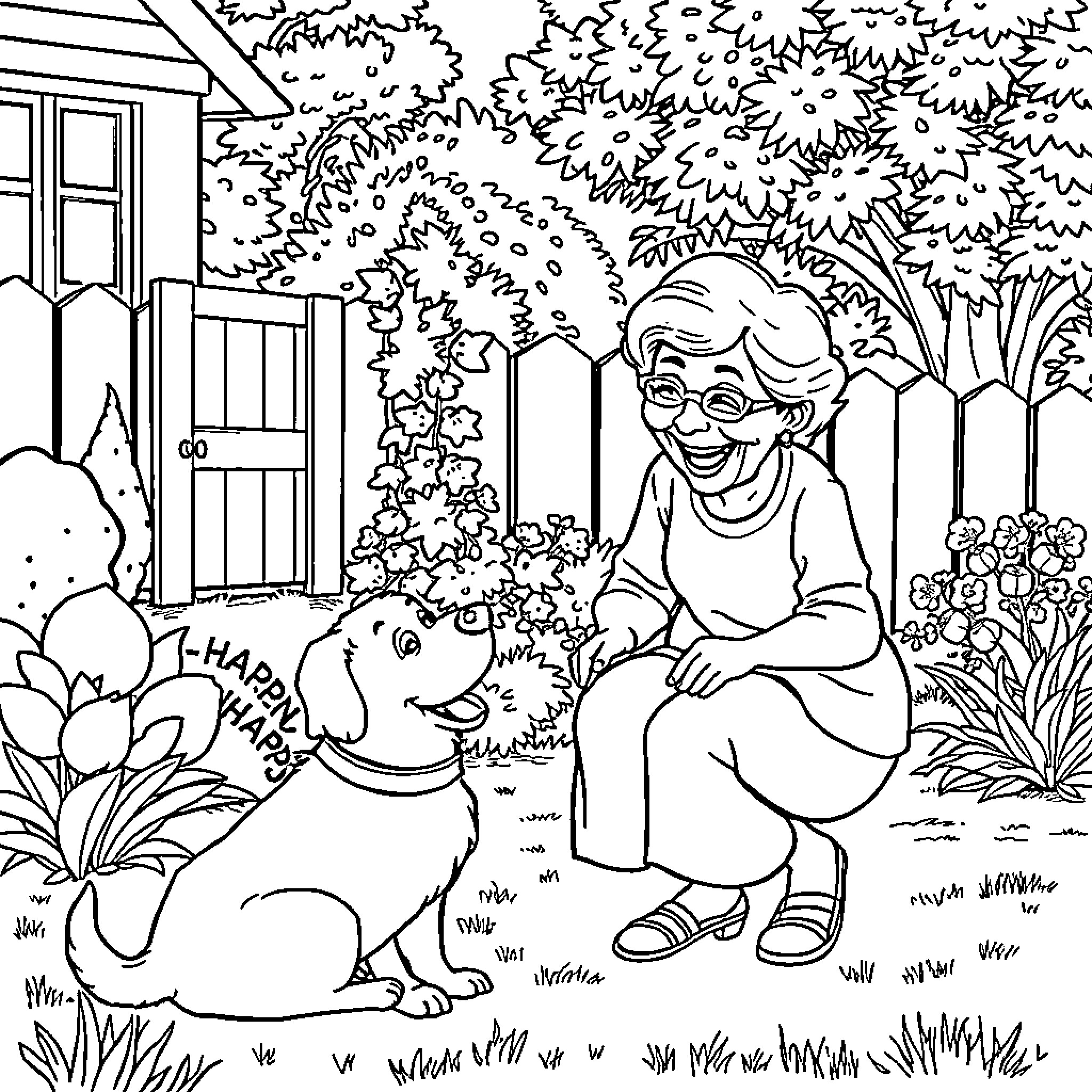 Granny enjoying the garden with her furry friend Coloring Page (free black-and-white line drawing printable PDF for all, from beginners to advanced learners, including children, teens, adults, and seniors)