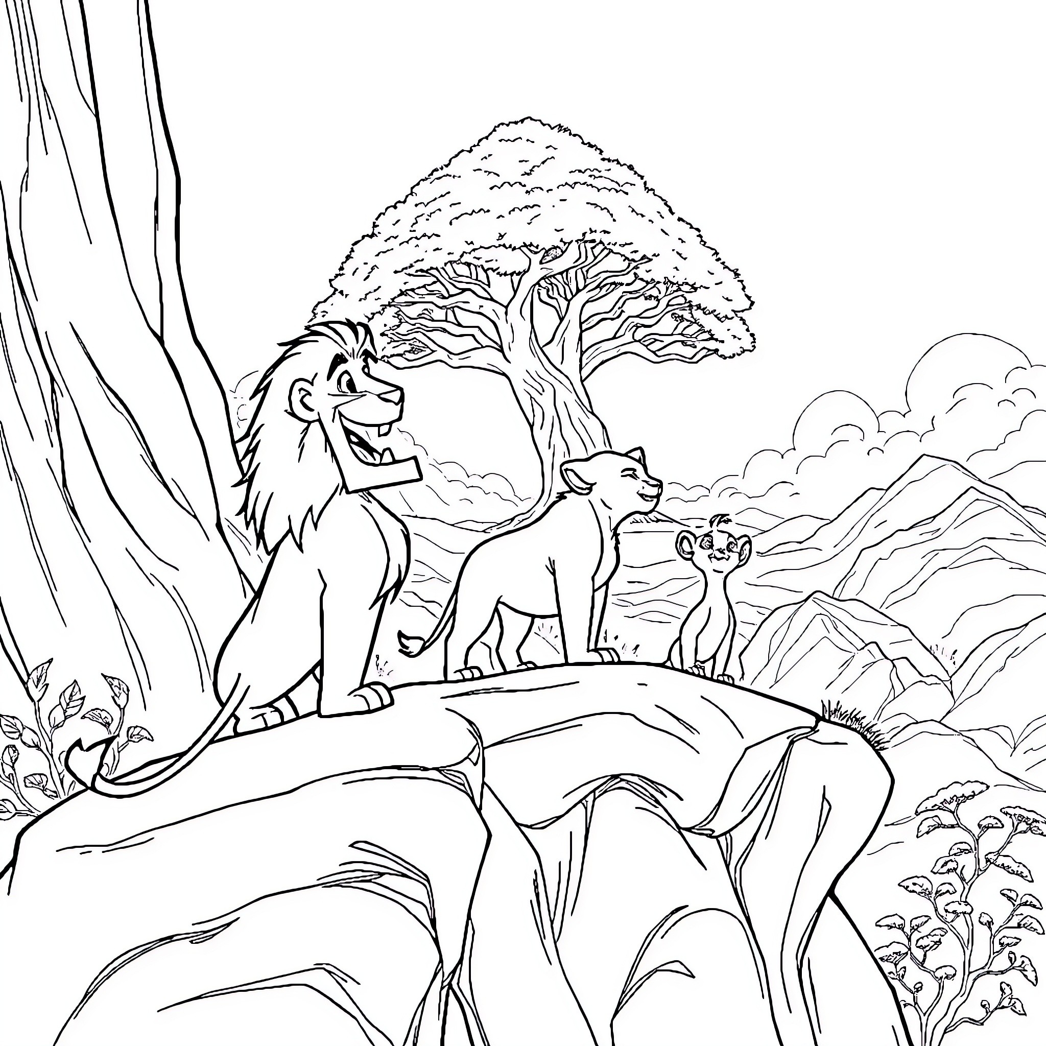 Kion and his lion family in the wild landscape Coloring Page (free black-and-white line drawing printable PDF for all, from beginners to advanced learners, including children, teens, adults, and seniors)
