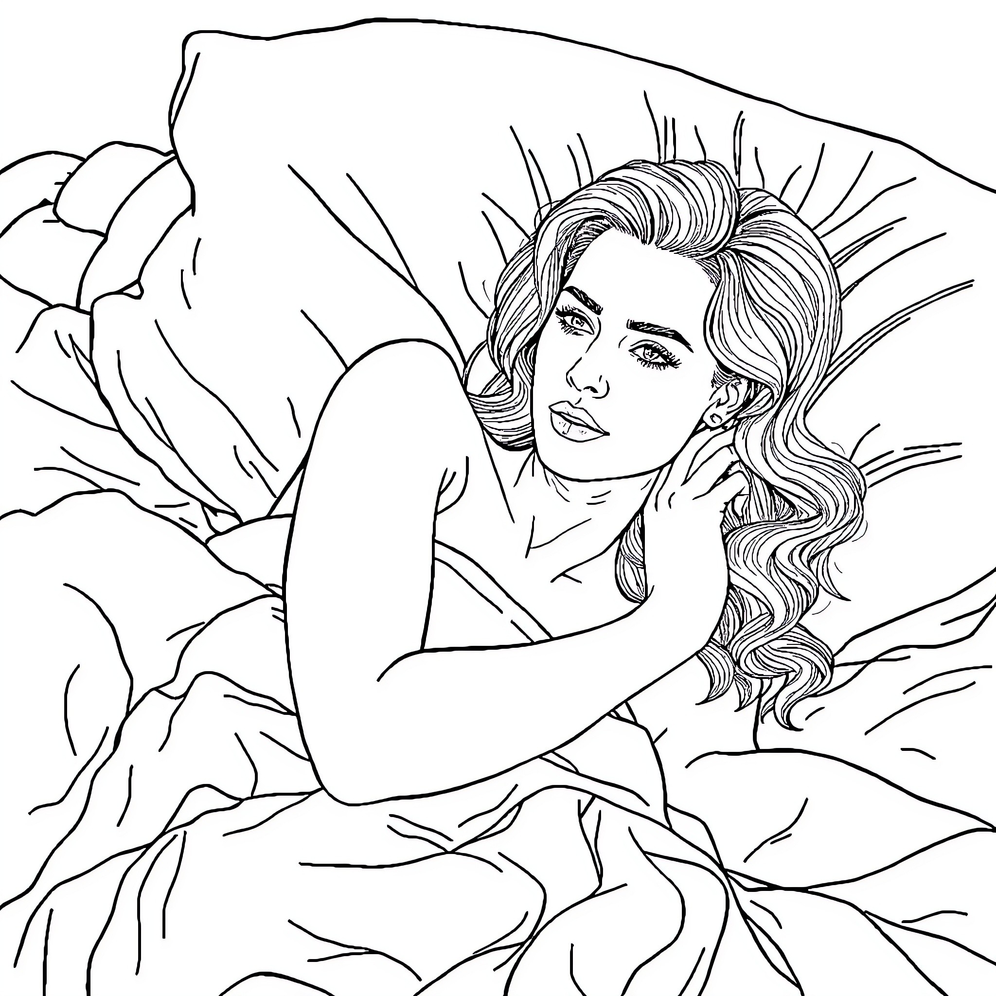 Scarlett Johansson in pensive repose Coloring Page (free black-and-white line drawing printable PDF for all, from beginners to advanced learners, including children, teens, adults, and seniors)