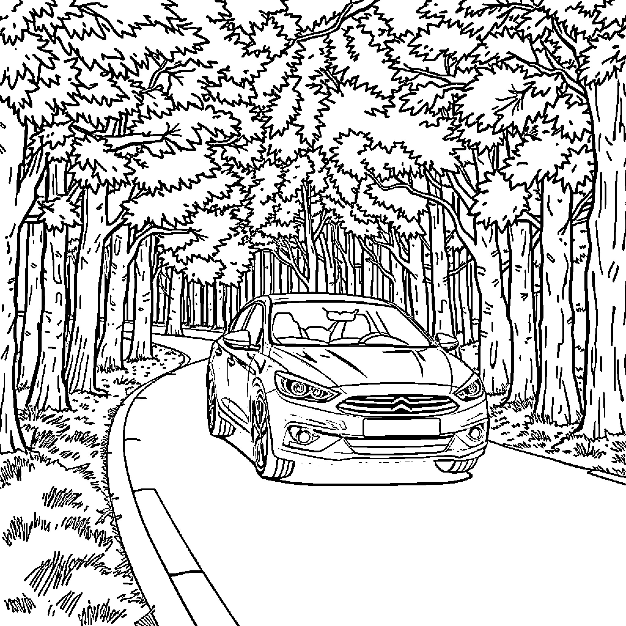 Car Driving through Lush Forested Road Coloring Page (free black-and-white line drawing printable PDF for all, from beginners to advanced learners, including children, teens, adults, and seniors)