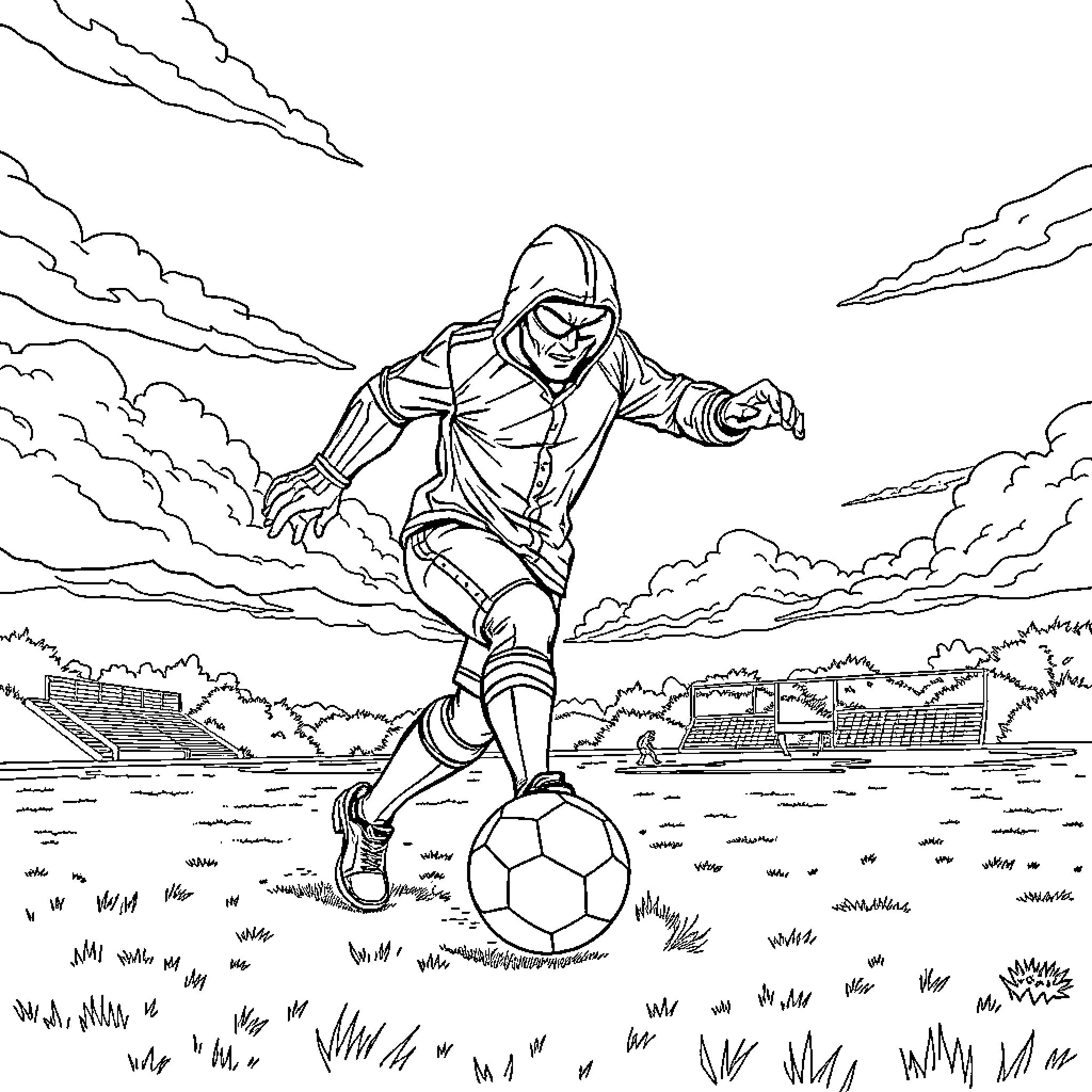Sub Zero: Hooded Figure Dribbling Soccer Ball in Outdoor Scene Coloring Page (free black-and-white line drawing printable PDF for all, from beginners to advanced learners, including children, teens, adults, and seniors)