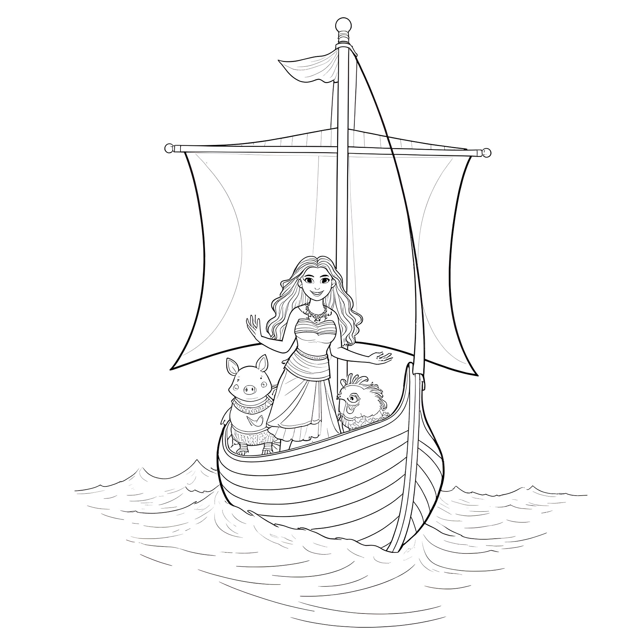 Moana sailing on a boat with animal companions Coloring Page (free black-and-white line drawing printable PDF for all, from beginners to advanced learners, including children, teens, adults, and seniors)