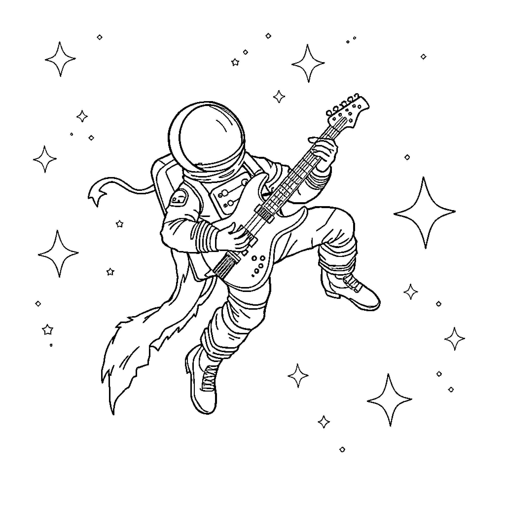 Spaceman Rocking Out in the Cosmos Coloring Page (free black-and-white line drawing printable PDF for all, from beginners to advanced learners, including children, teens, adults, and seniors)