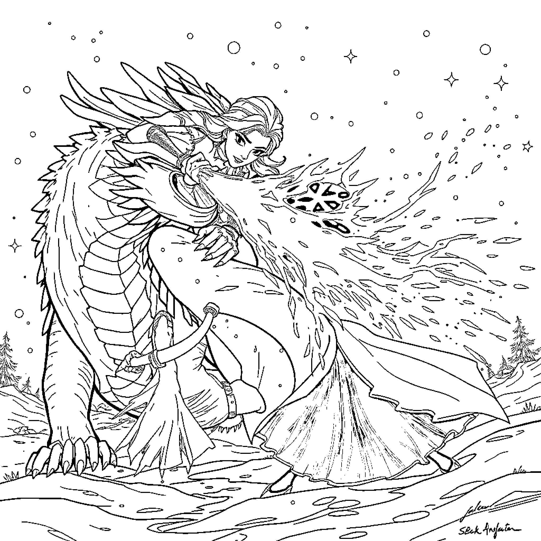 Elsa's Magical Winter Adventure with the Mighty Dragon Coloring Page (free black-and-white line drawing printable PDF for all, from beginners to advanced learners, including children, teens, adults, and seniors)