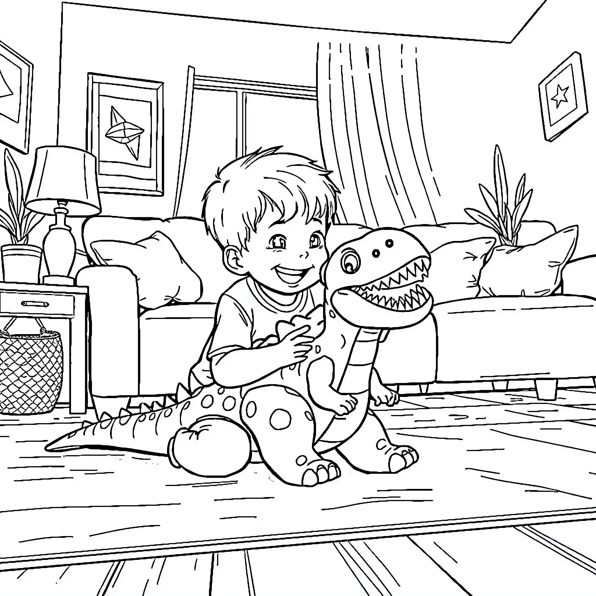 Boy playing happily with toy dinosaur in bedroom Coloring Page (free black-and-white line drawing printable PDF for all, from beginners to advanced learners, including children, teens, adults, and seniors)
