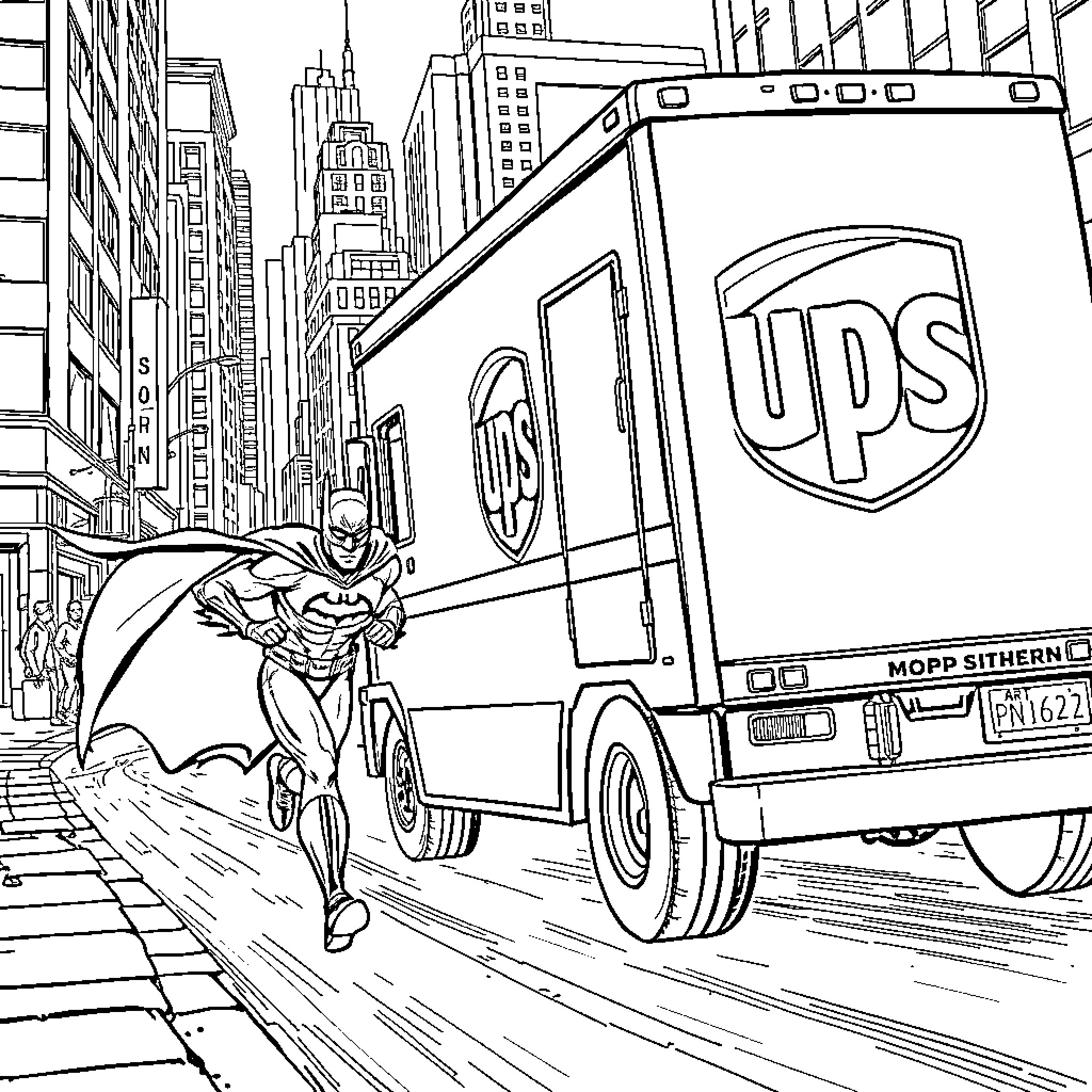 Batman racing through the city streets Coloring Page (free black-and-white line drawing printable PDF for all, from beginners to advanced learners, including children, teens, adults, and seniors)