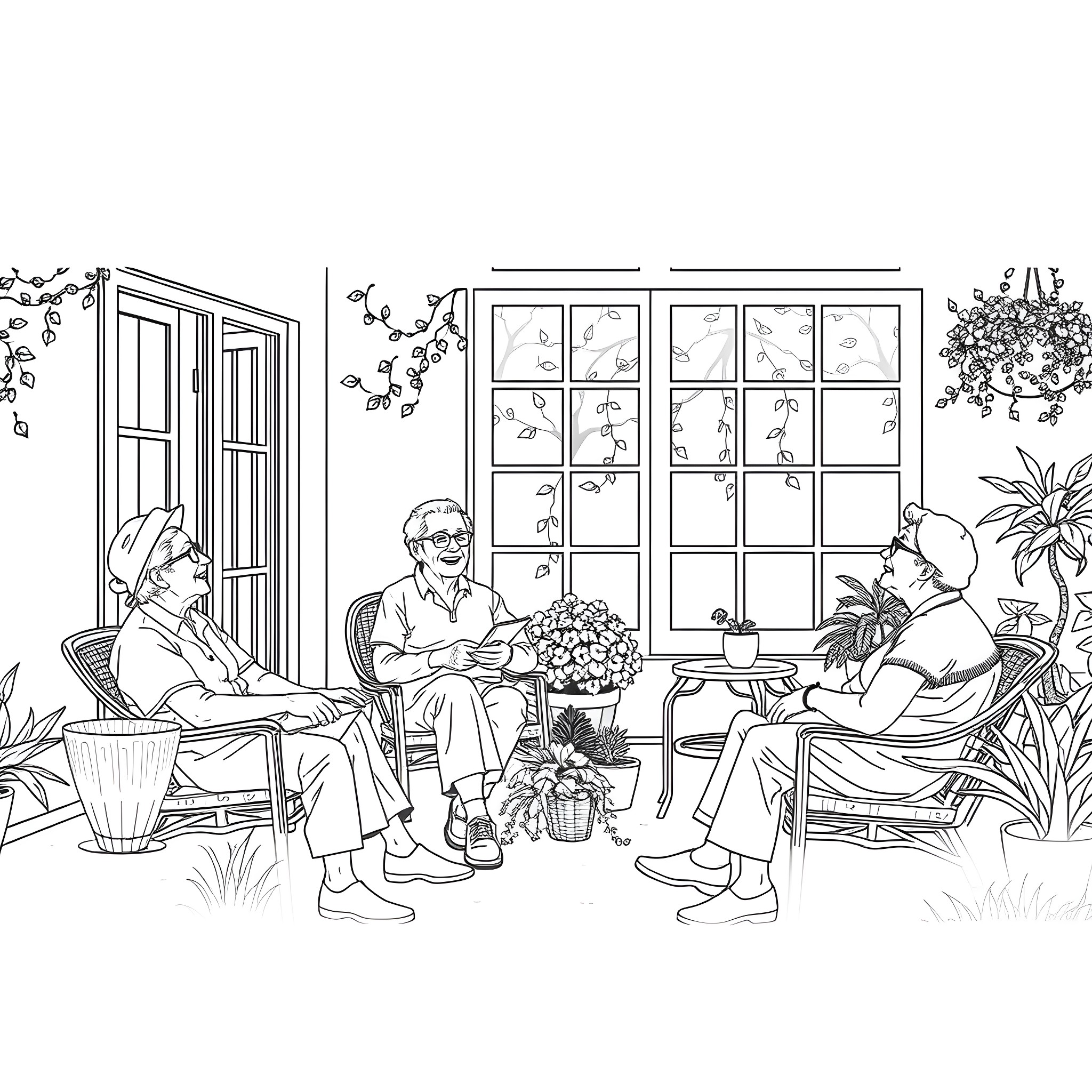 Retirement Residence Residents Relaxing and Socializing Coloring Page (free black-and-white line drawing printable PDF for all, from beginners to advanced learners, including children, teens, adults, and seniors)