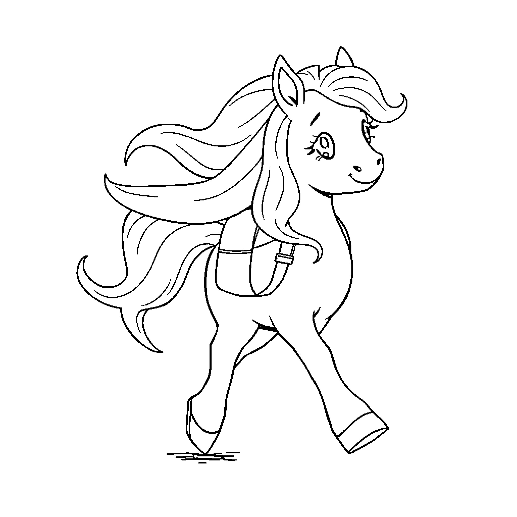 Ponyo walking happily with flowing hair Coloring Page (free black-and-white line drawing printable PDF for all, from beginners to advanced learners, including children, teens, adults, and seniors)