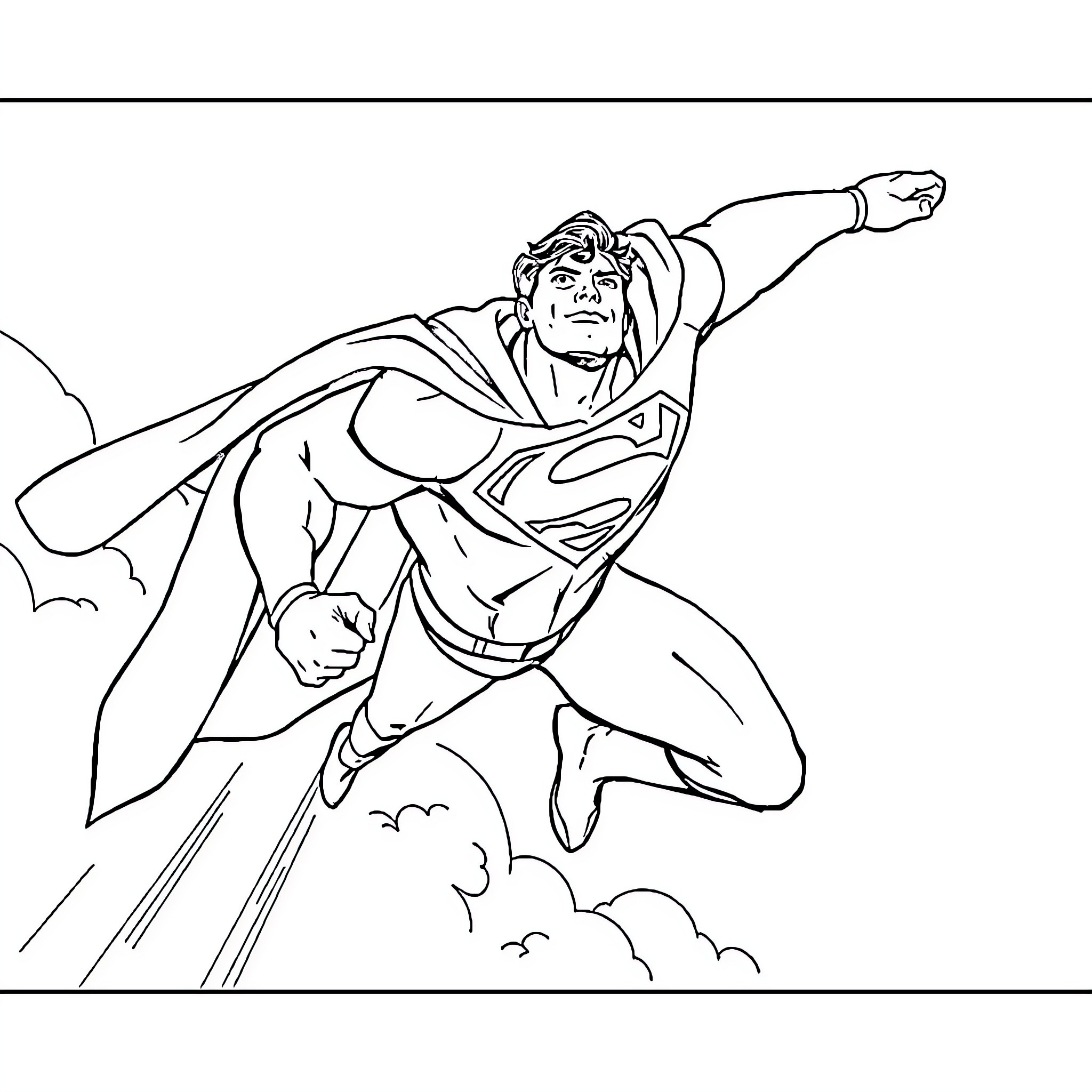 Superman in action, soaring through the clouds Coloring Page (free black-and-white line drawing printable PDF for all, from beginners to advanced learners, including children, teens, adults, and seniors)