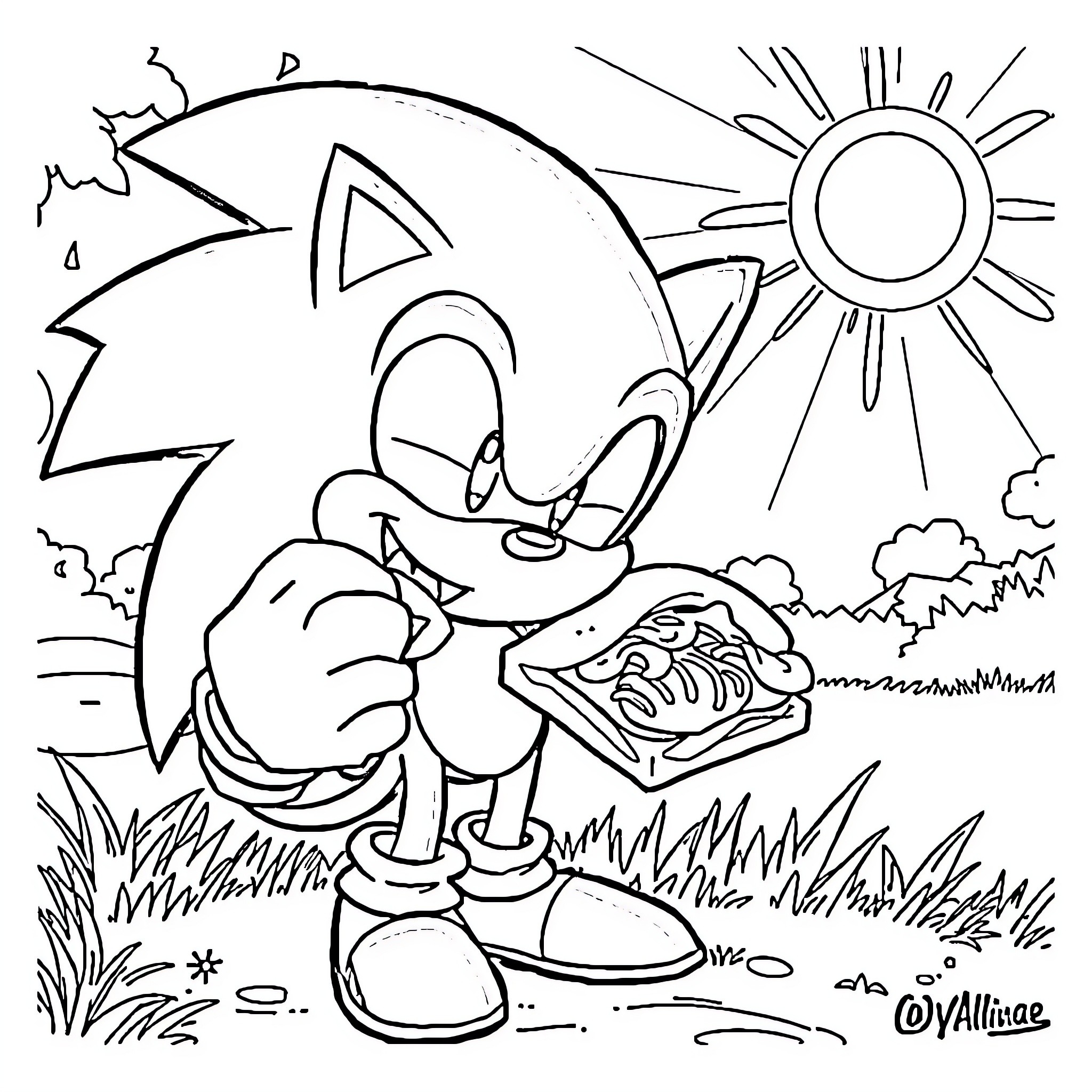 Sonic Enjoying a Snack in the Sunny Outdoors Coloring Page (free black-and-white line drawing printable PDF for all, from beginners to advanced learners, including children, teens, adults, and seniors)
