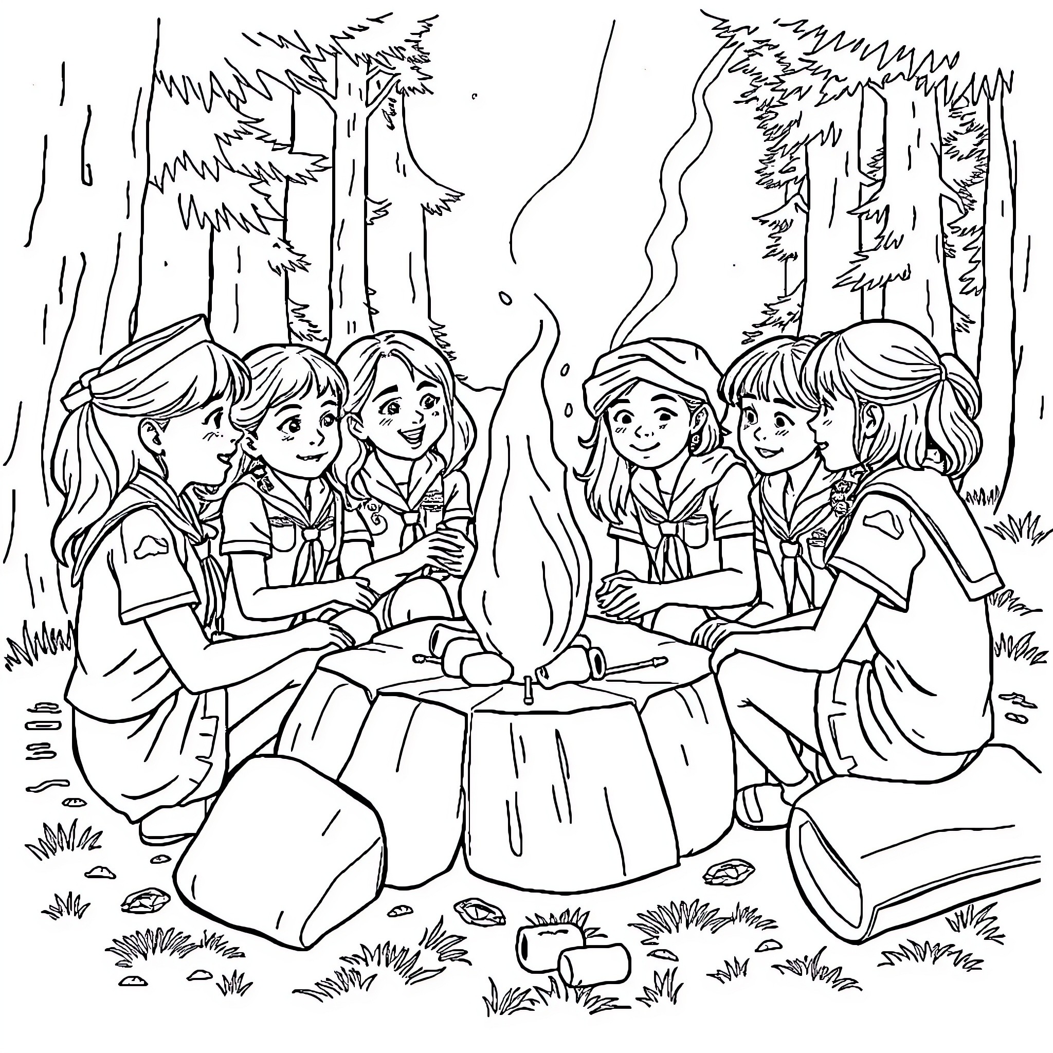 Girl Scout Troop Enjoying Outdoor Activities Coloring Page (free black-and-white line drawing printable PDF for all, from beginners to advanced learners, including children, teens, adults, and seniors)