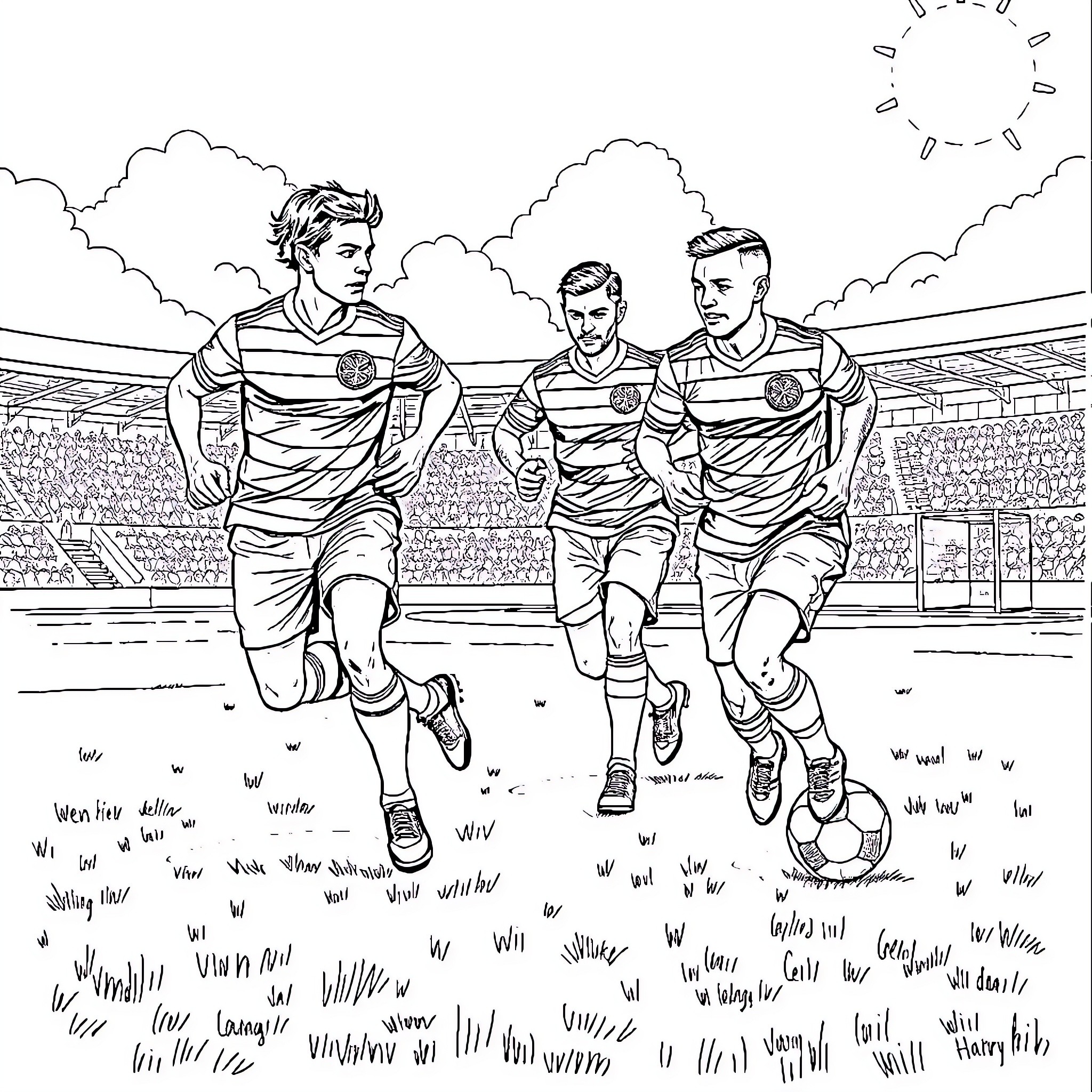 Celtic Football Players Competing on the Pitch Coloring Page (free black-and-white line drawing printable PDF for all, from beginners to advanced learners, including children, teens, adults, and seniors)