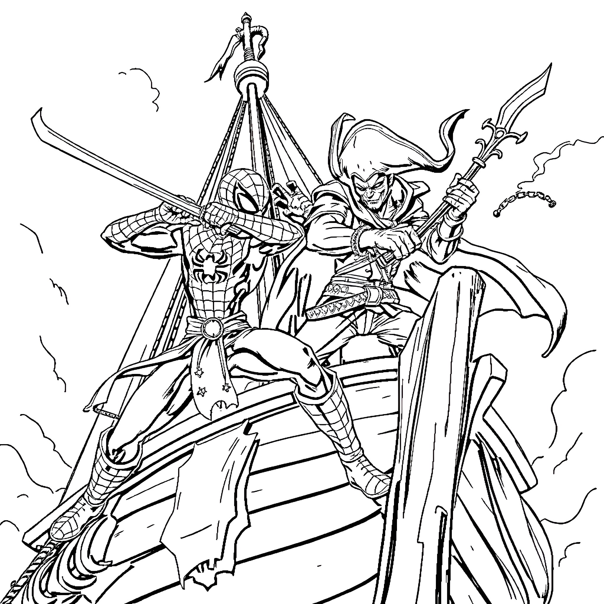 Spiderman in epic battle against foes Coloring Page (free black-and-white line drawing printable PDF for all, from beginners to advanced learners, including children, teens, adults, and seniors)
