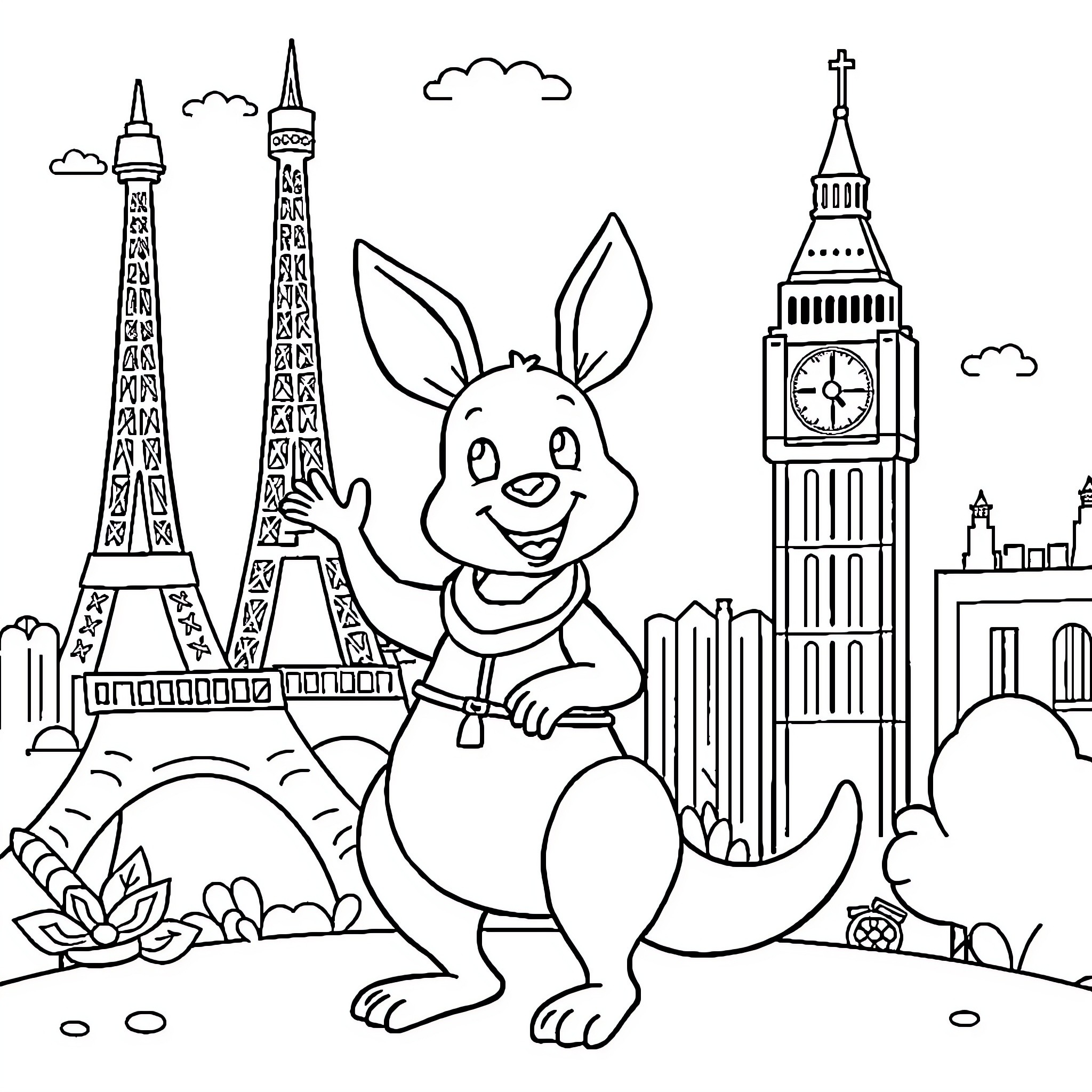 Kangaroo exploring iconic landmarks around the world Coloring Page (free black-and-white line drawing printable PDF for all, from beginners to advanced learners, including children, teens, adults, and seniors)