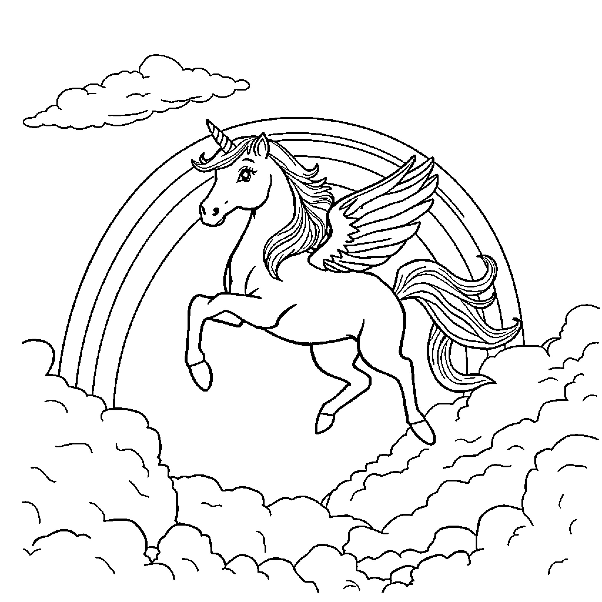 Unicorn soaring through the clouds with wings Coloring Page (free black-and-white line drawing printable PDF for all, from beginners to advanced learners, including children, teens, adults, and seniors)