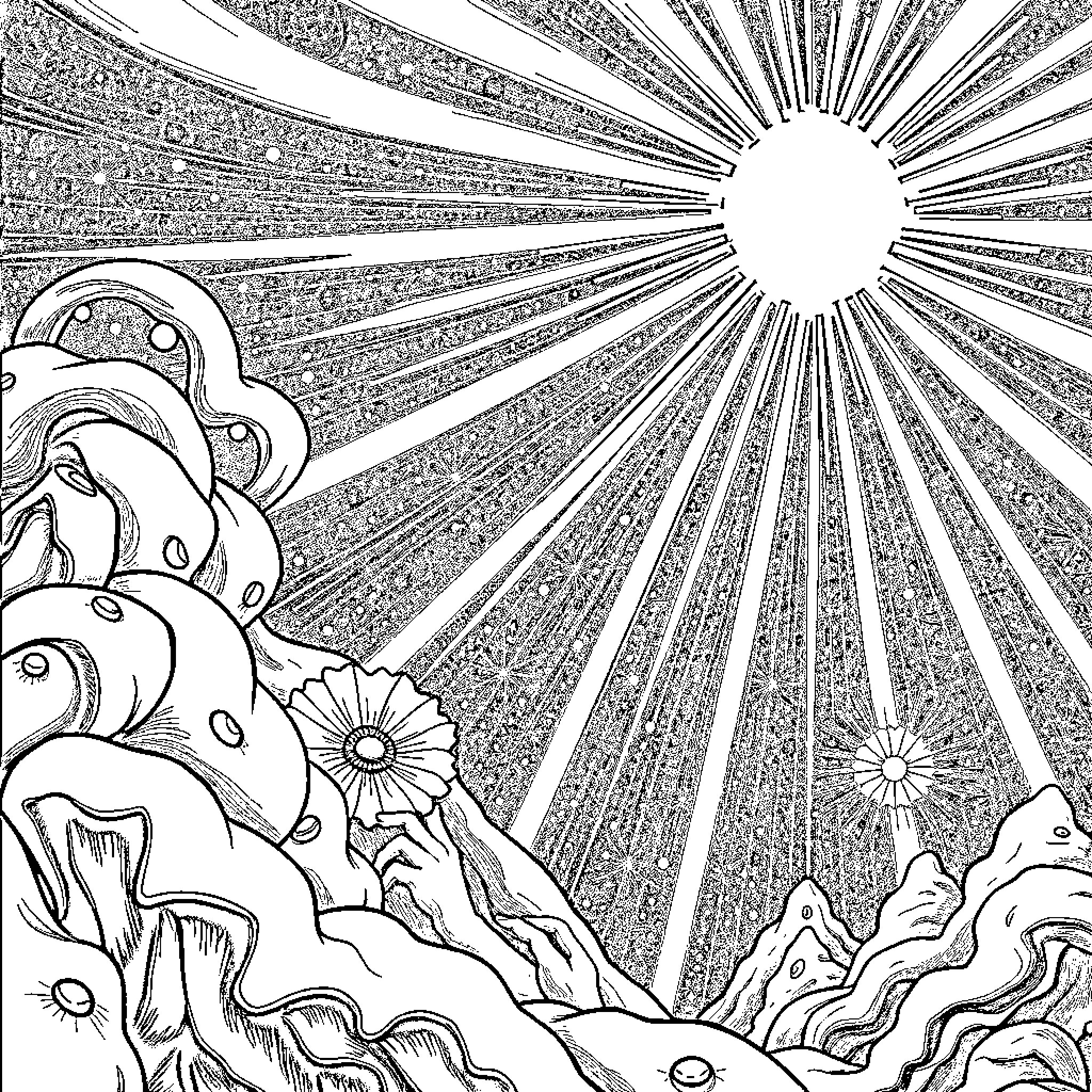 Light Shines Radiantly Over Peaceful Landscape Coloring Page (free black-and-white line drawing printable PDF for all, from beginners to advanced learners, including children, teens, adults, and seniors)