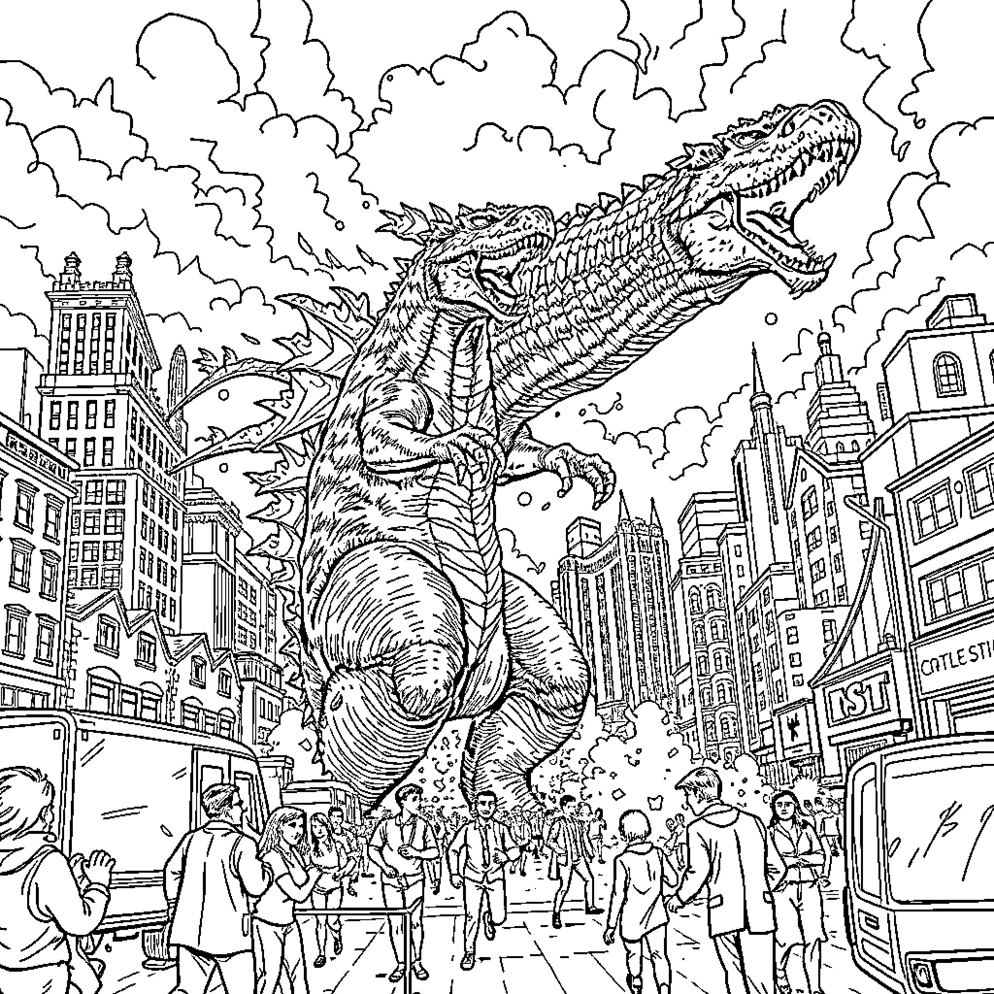 Godzilla rampaging through a city Coloring Page (free black-and-white line drawing printable PDF for all, from beginners to advanced learners, including children, teens, adults, and seniors)