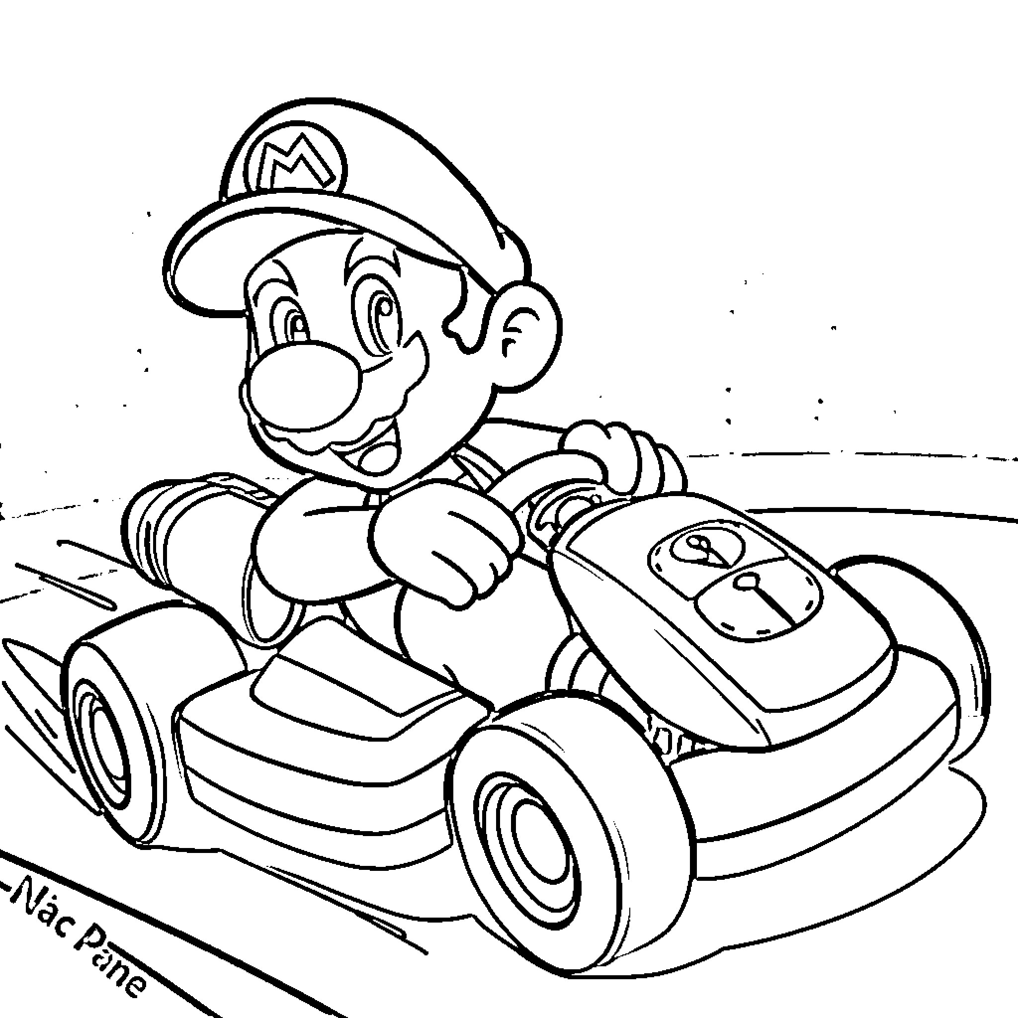 Mario driving his go-kart with excitement Coloring Page (free black-and-white line drawing printable PDF for all, from beginners to advanced learners, including children, teens, adults, and seniors)