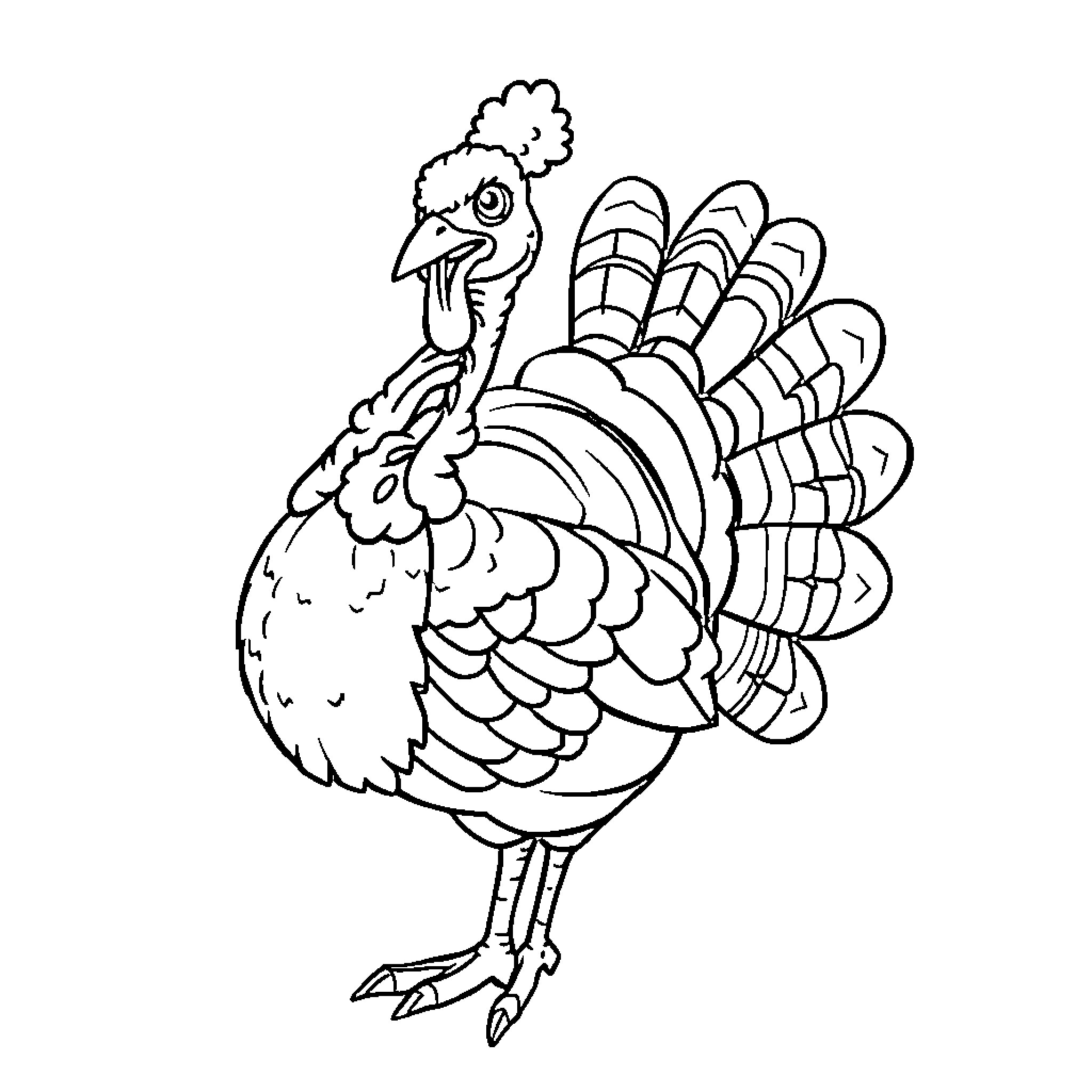 Turkey in festive attire Coloring Page (free black-and-white line drawing printable PDF for all, from beginners to advanced learners, including children, teens, adults, and seniors)