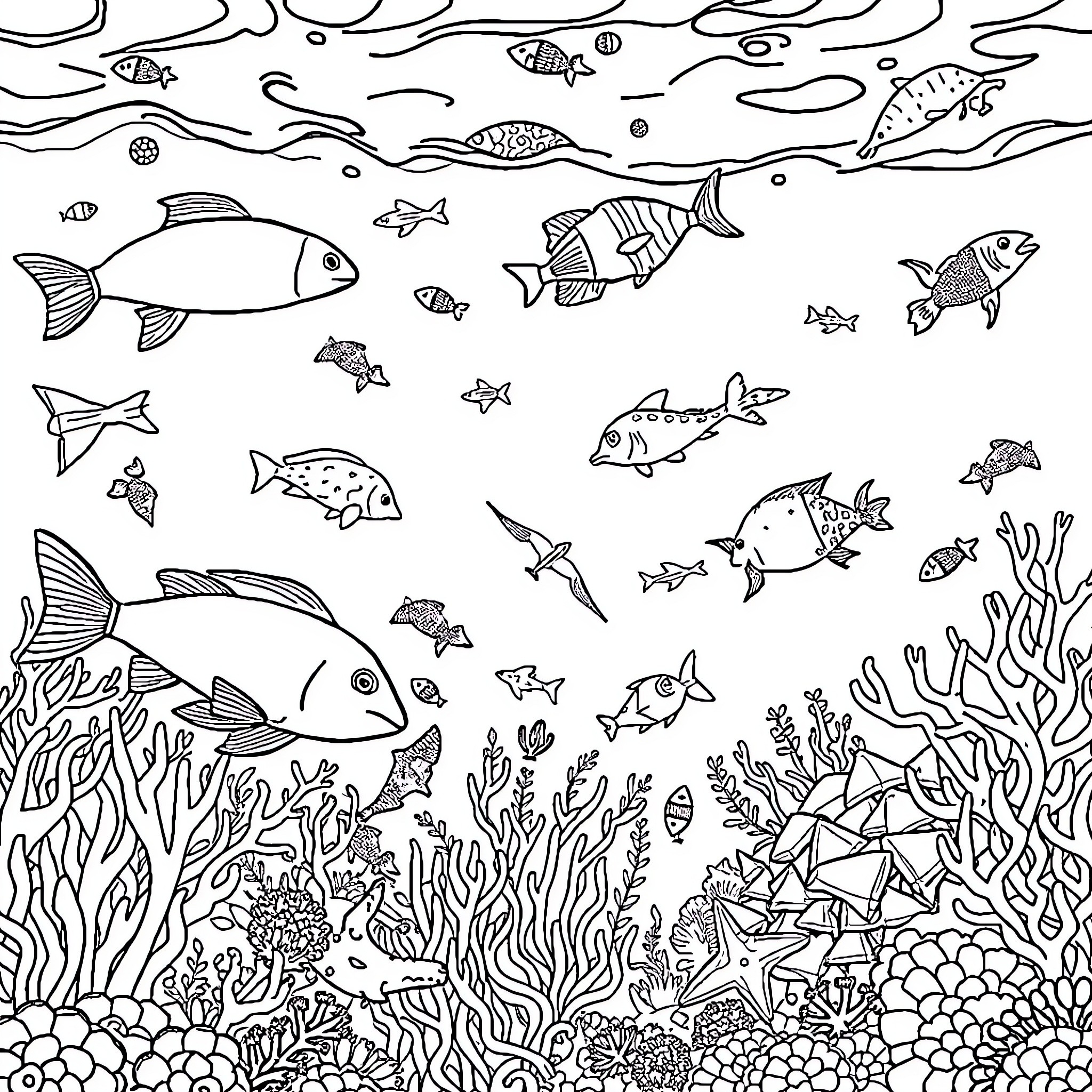 Animal Underwater World with Diverse Fish and Coral Coloring Page (free black-and-white line drawing printable PDF for all, from beginners to advanced learners, including children, teens, adults, and seniors)