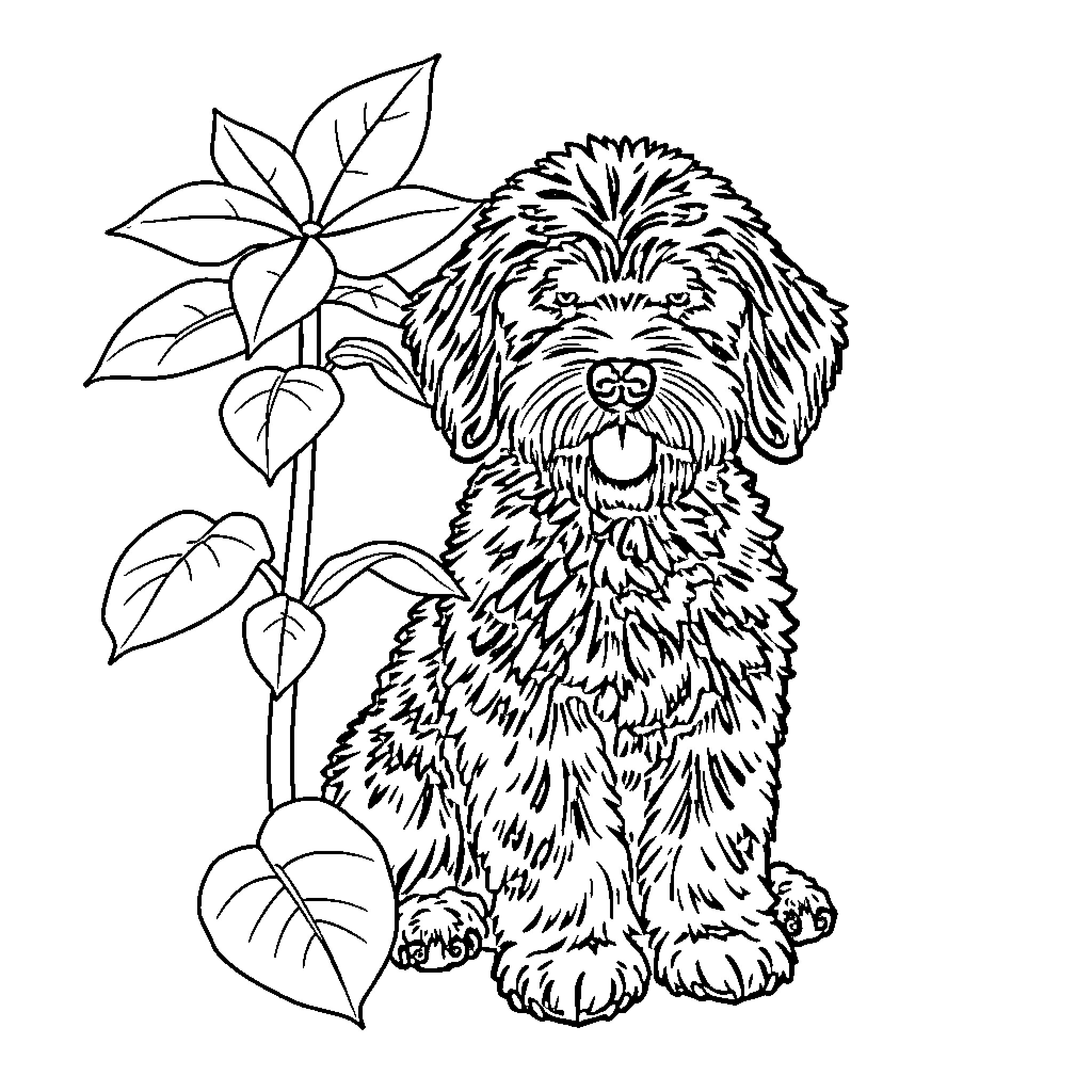 Labradoodle sitting next to blooming flowers Coloring Page (free black-and-white line drawing printable PDF for all, from beginners to advanced learners, including children, teens, adults, and seniors)