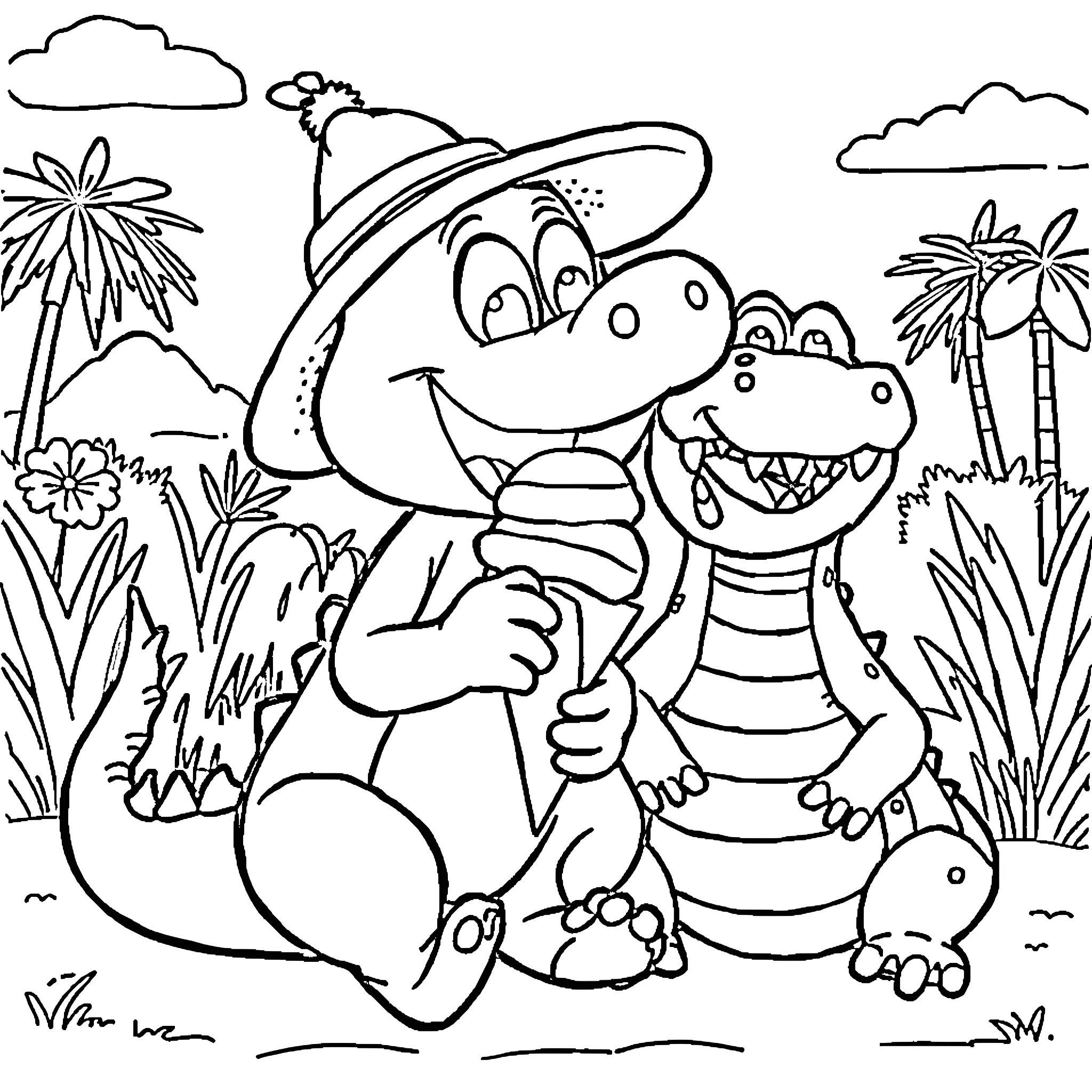 Bluey the Alligator Enjoying Tropical Adventure Coloring Page (free black-and-white line drawing printable PDF for all, from beginners to advanced learners, including children, teens, adults, and seniors)