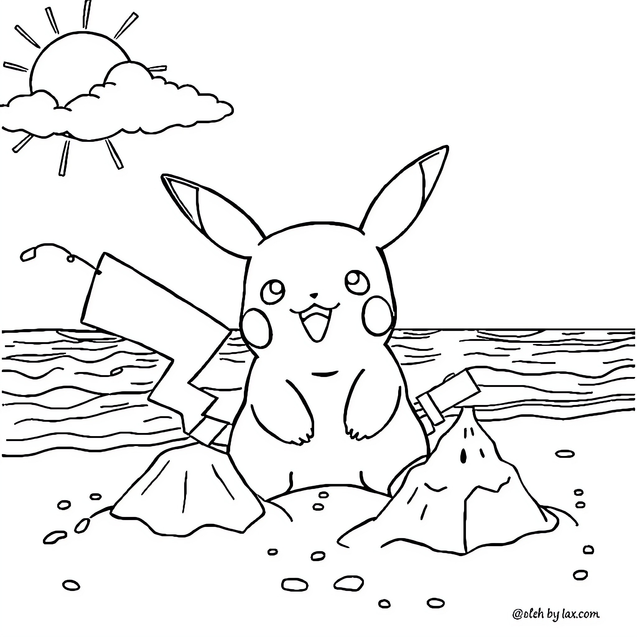 Pikachu relaxing on the beach Coloring Page (free black-and-white line drawing printable PDF for all, from beginners to advanced learners, including children, teens, adults, and seniors)