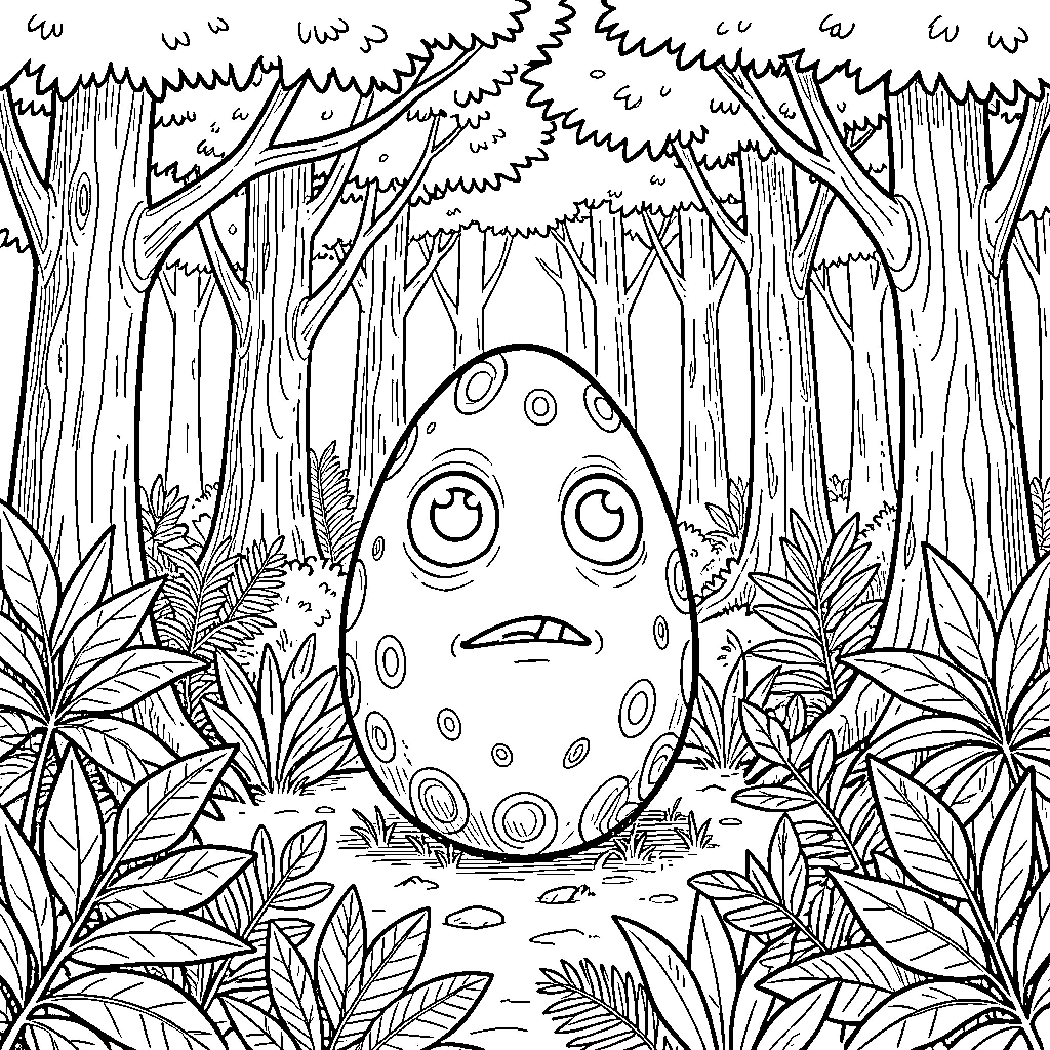 Huevo in a Whimsical Woodland Wonderland Coloring Page (free black-and-white line drawing printable PDF for all, from beginners to advanced learners, including children, teens, adults, and seniors)