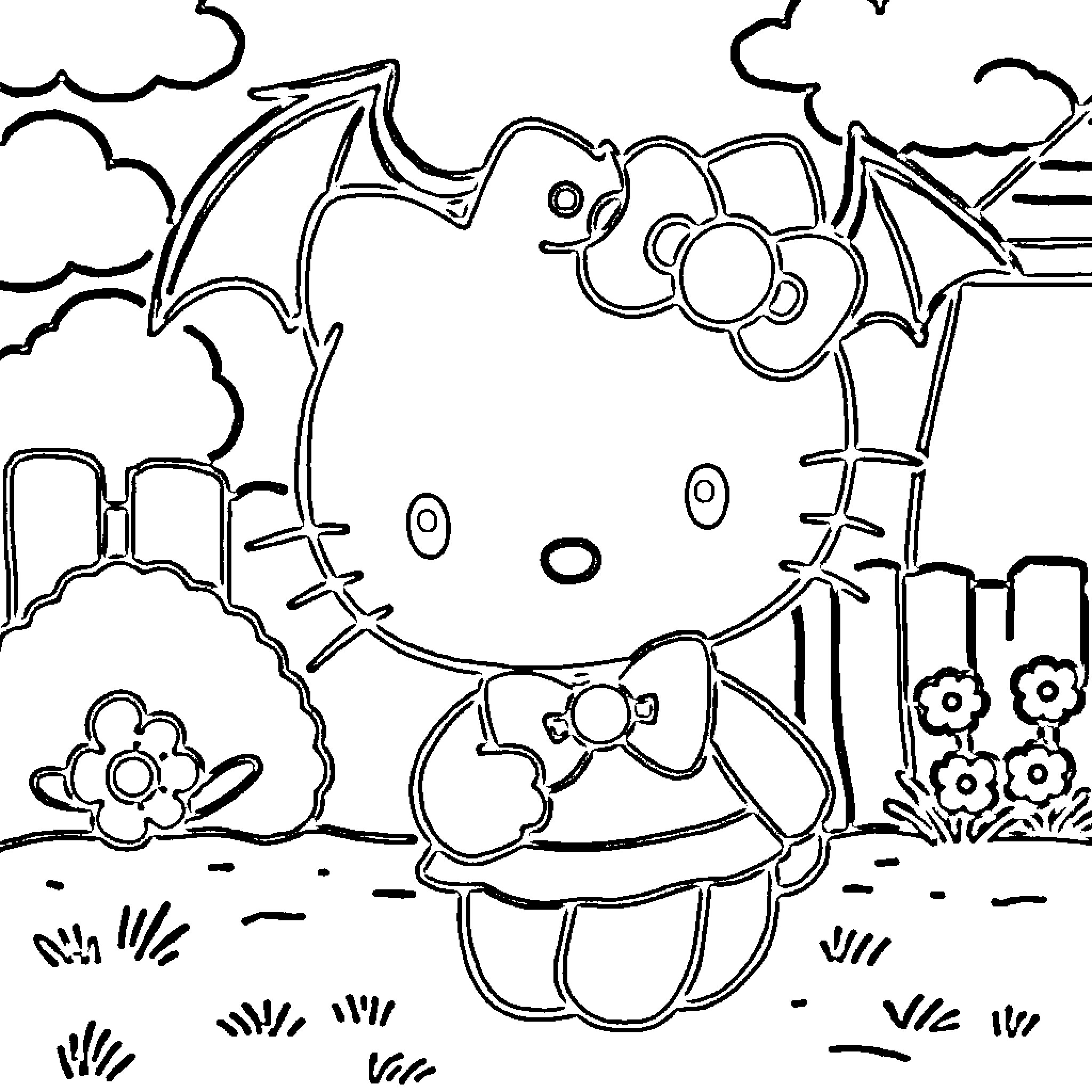 Hello Kitty enjoying a picnic with bat friends Coloring Page (free black-and-white line drawing printable PDF for all, from beginners to advanced learners, including children, teens, adults, and seniors)