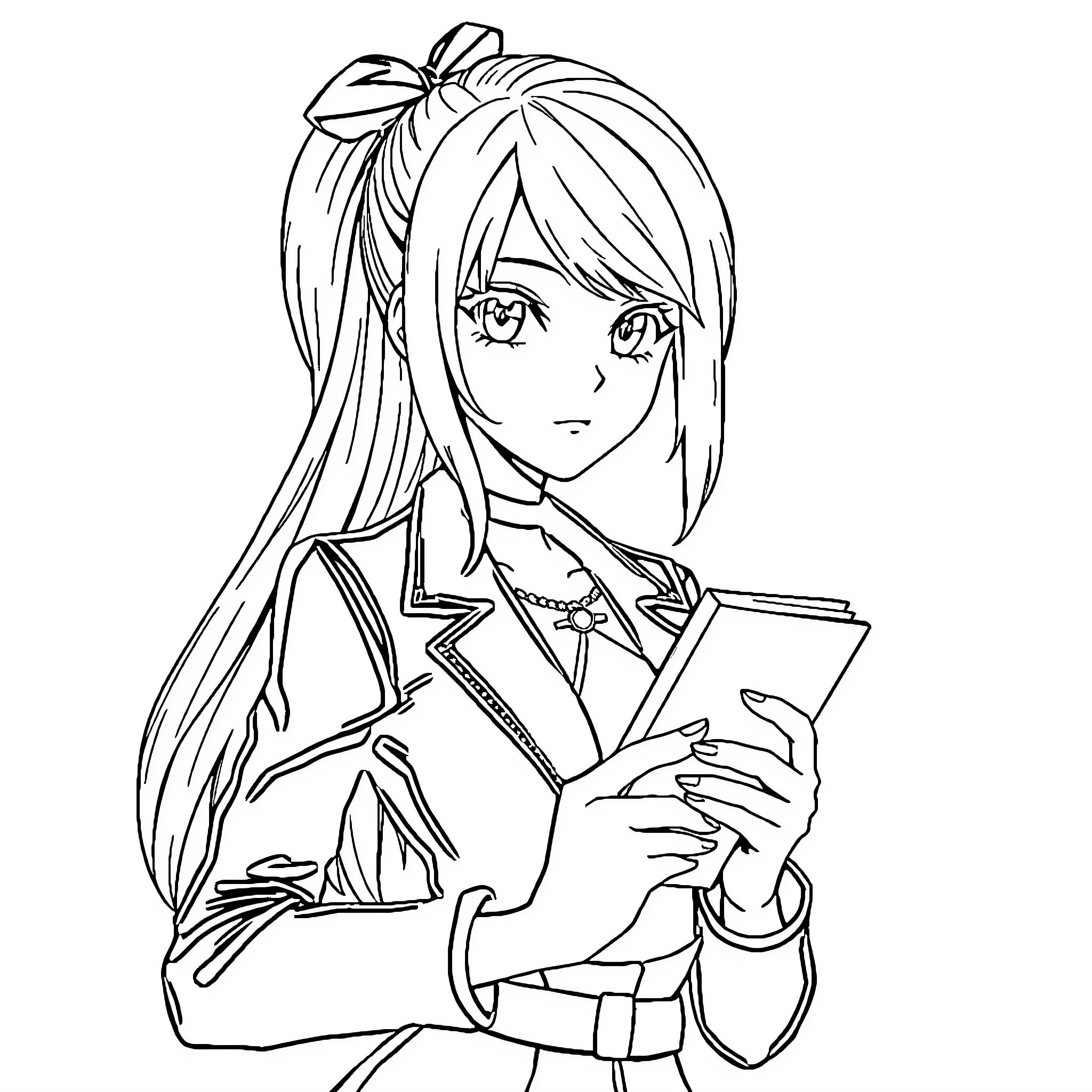 Misa reading a book intently Coloring Page (free black-and-white line drawing printable PDF for all, from beginners to advanced learners, including children, teens, adults, and seniors)