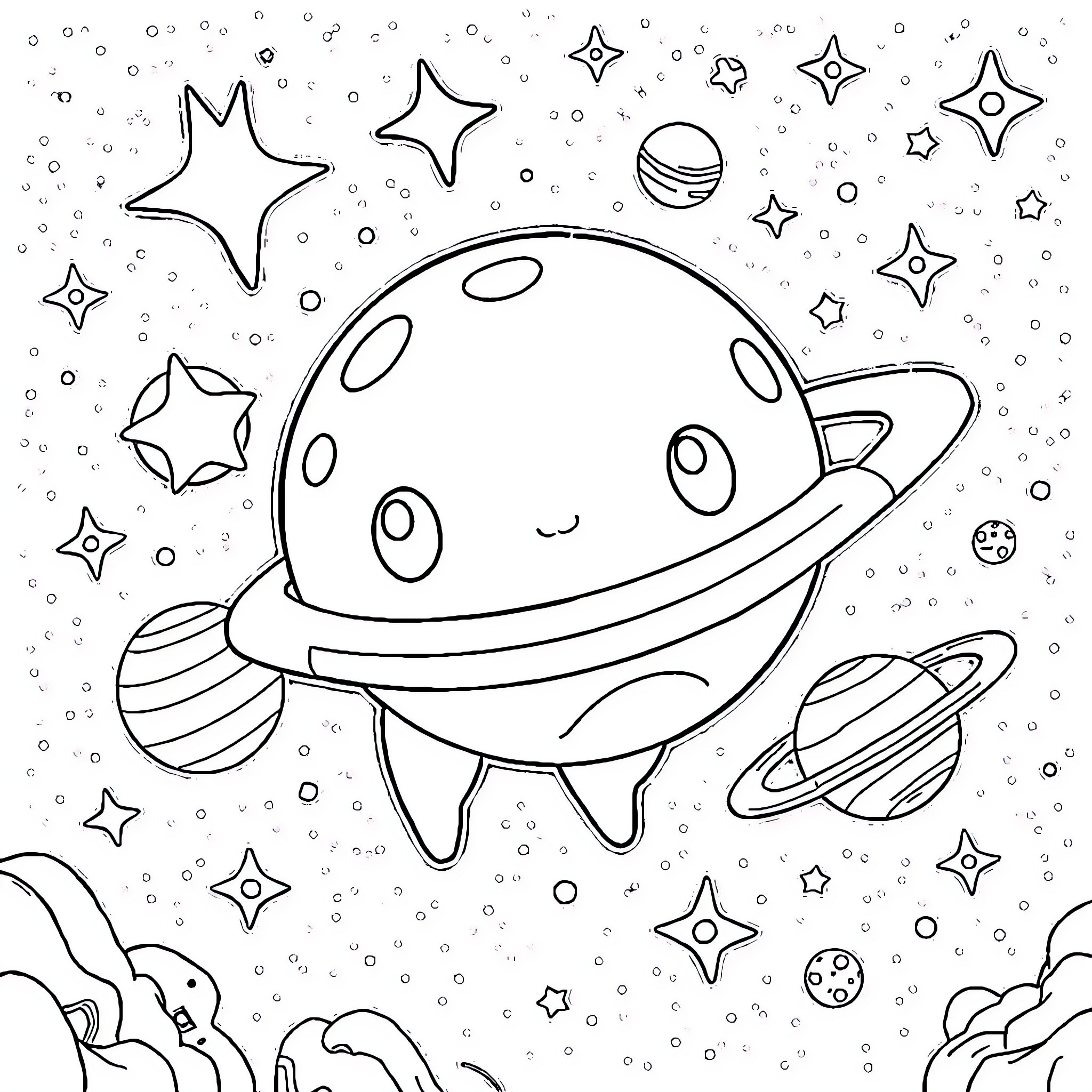Labubu's Cosmic Exploration Coloring Page (free black-and-white line drawing printable PDF for all, from beginners to advanced learners, including children, teens, adults, and seniors)