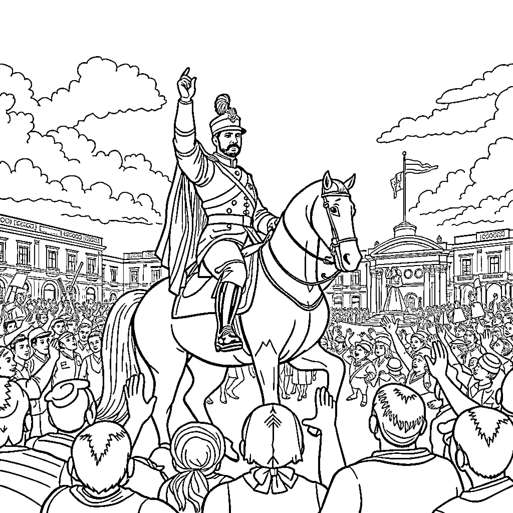 Simón Bolívar leading a triumphant parade on horseback Coloring Page (free black-and-white line drawing printable PDF for all, from beginners to advanced learners, including children, teens, adults, and seniors)