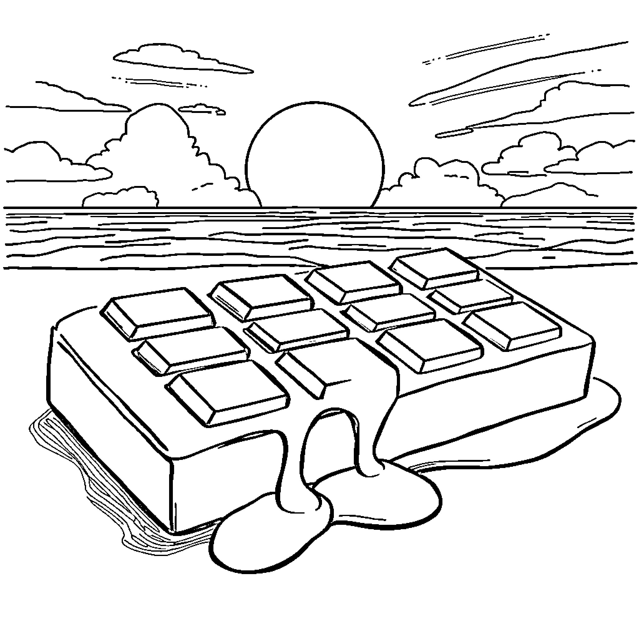 Chocolate Bar Melting on the Beach Coloring Page (free black-and-white line drawing printable PDF for all, from beginners to advanced learners, including children, teens, adults, and seniors)