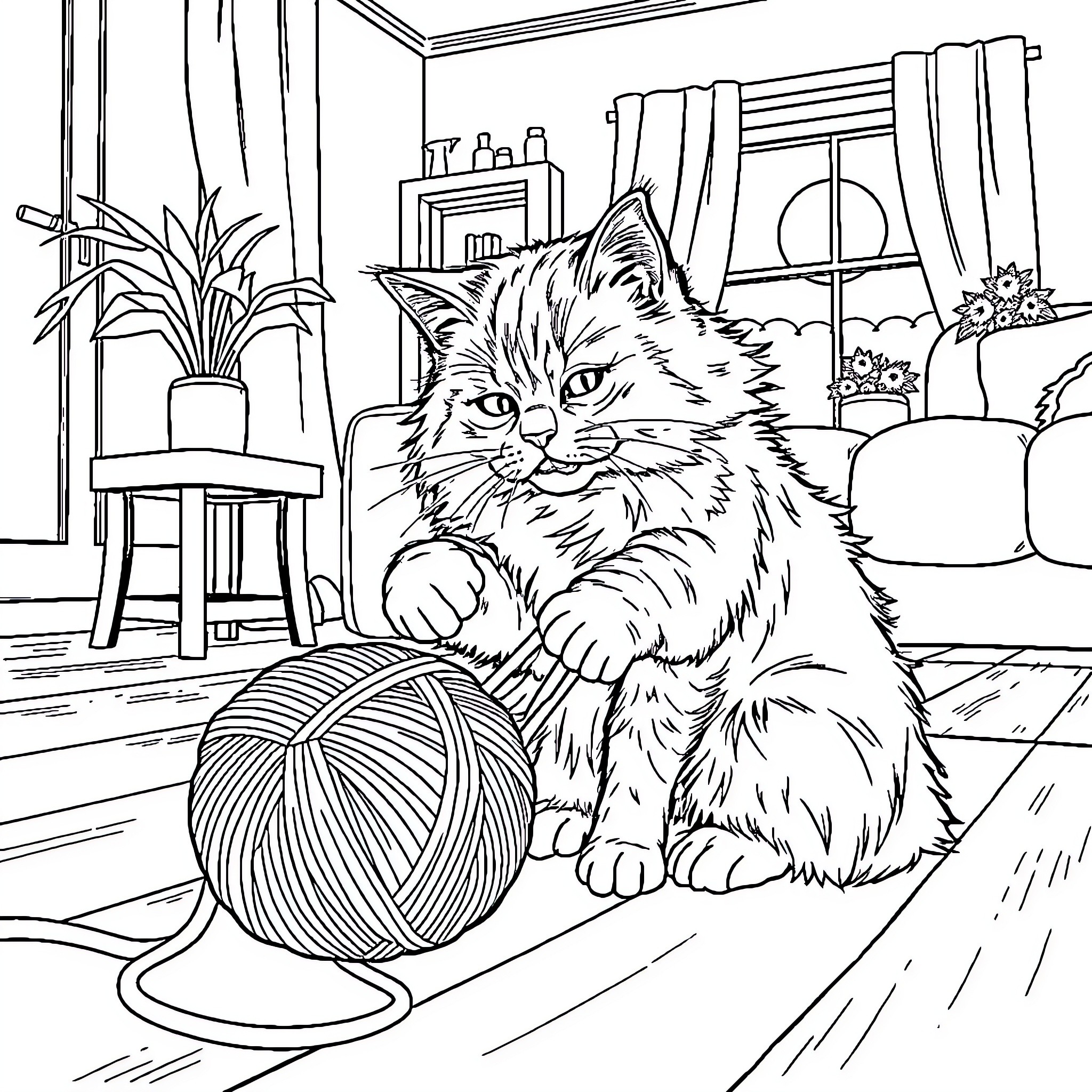 Cat lounging playfully with ball of yarn Coloring Page (free black-and-white line drawing printable PDF for all, from beginners to advanced learners, including children, teens, adults, and seniors)