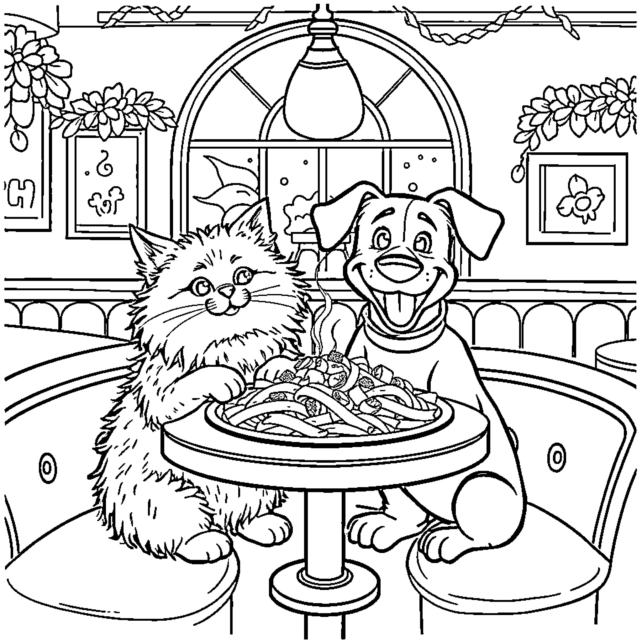 Cat and Dog Sharing Meal in Cozy Dining Room Coloring Page (free black-and-white line drawing printable PDF for all, from beginners to advanced learners, including children, teens, adults, and seniors)
