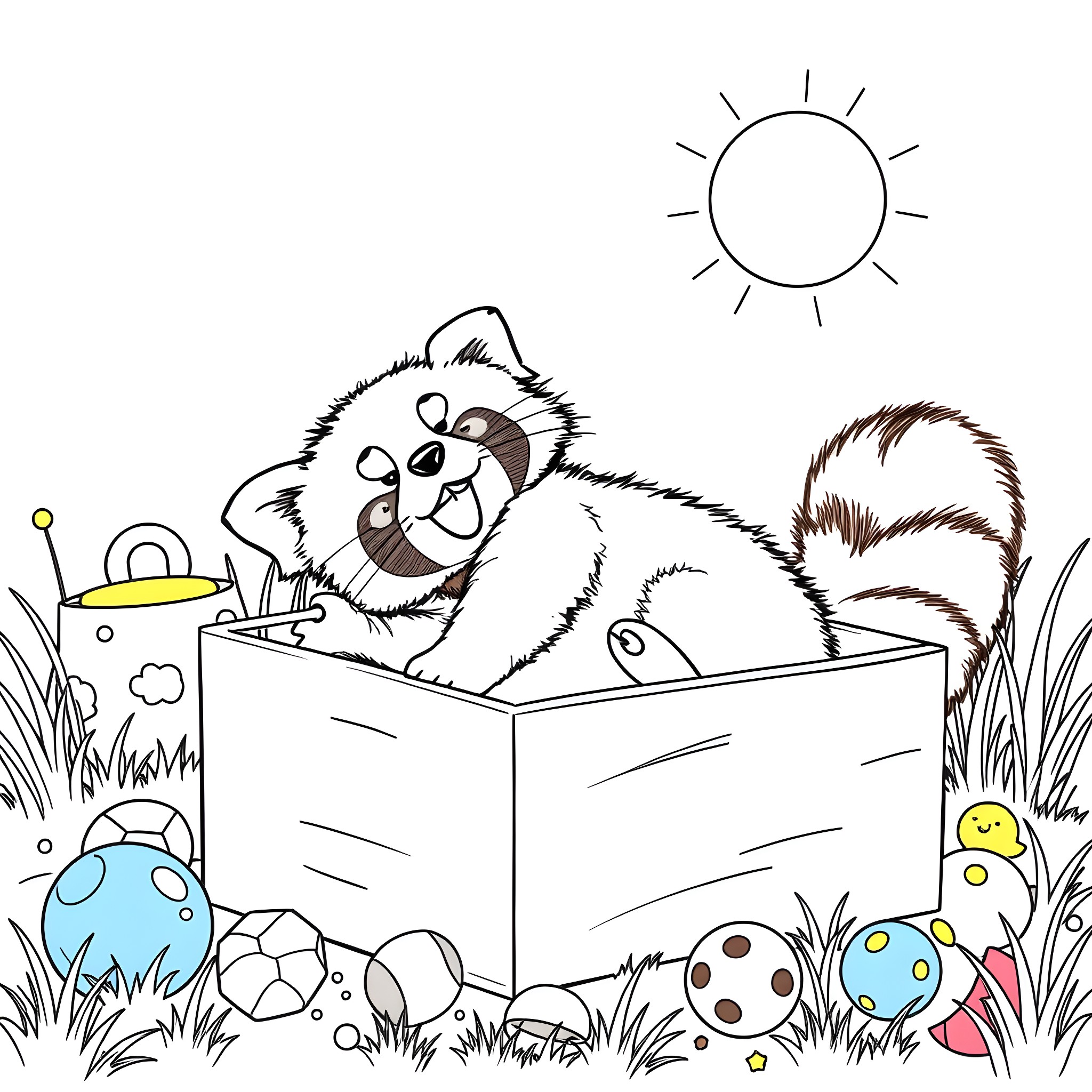 Panda playing happily with toys in the sun Coloring Page (free black-and-white line drawing printable PDF for all, from beginners to advanced learners, including children, teens, adults, and seniors)