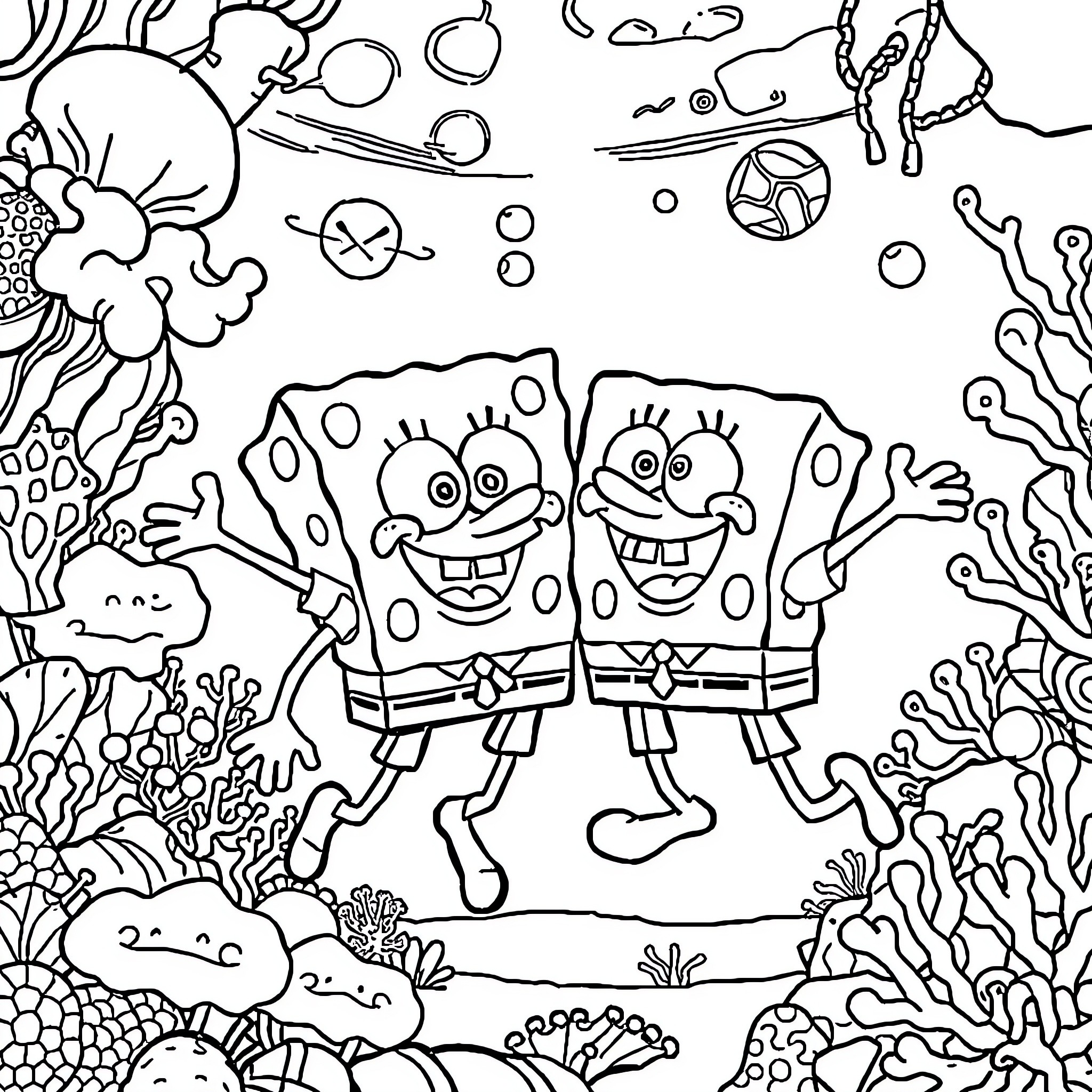 Spongebob and Patrick dancing in the ocean Coloring Page (free black-and-white line drawing printable PDF for all, from beginners to advanced learners, including children, teens, adults, and seniors)