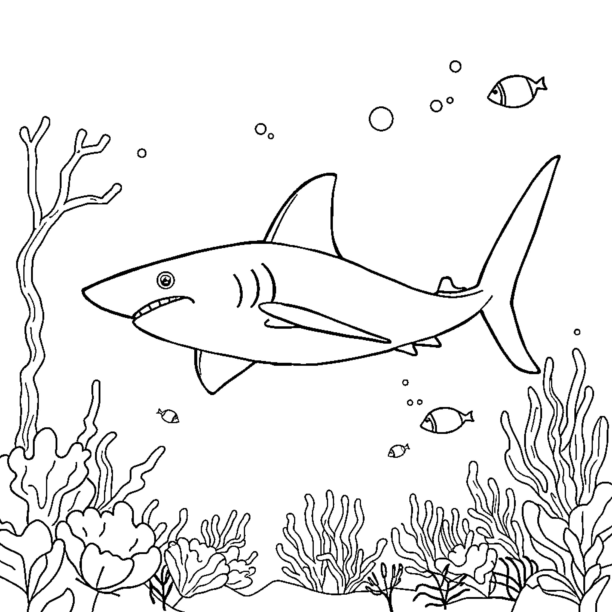 Hammerhead Shark swimming among coral reef Coloring Page (free black-and-white line drawing printable PDF for all, from beginners to advanced learners, including children, teens, adults, and seniors)