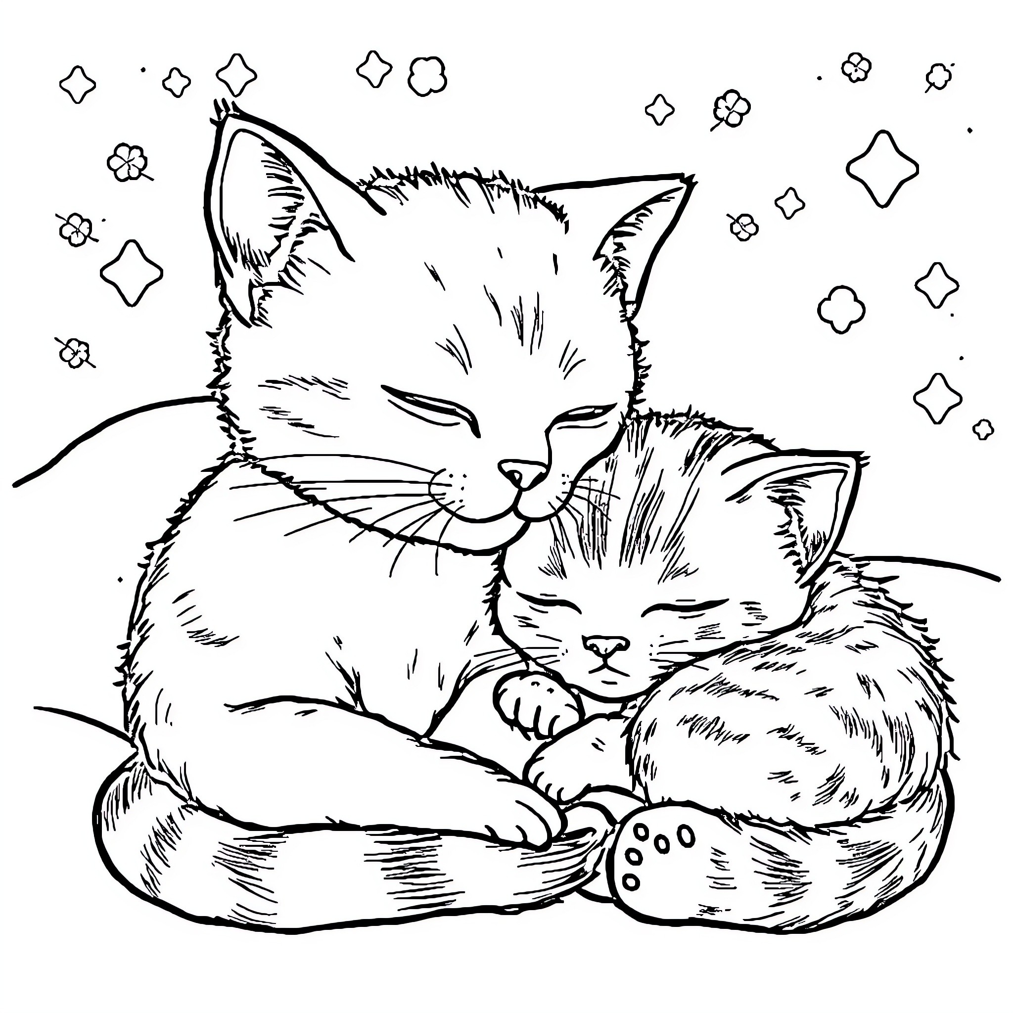 Siamese Cats Cuddling Peacefully with Stars Coloring Page (free black-and-white line drawing printable PDF for all, from beginners to advanced learners, including children, teens, adults, and seniors)