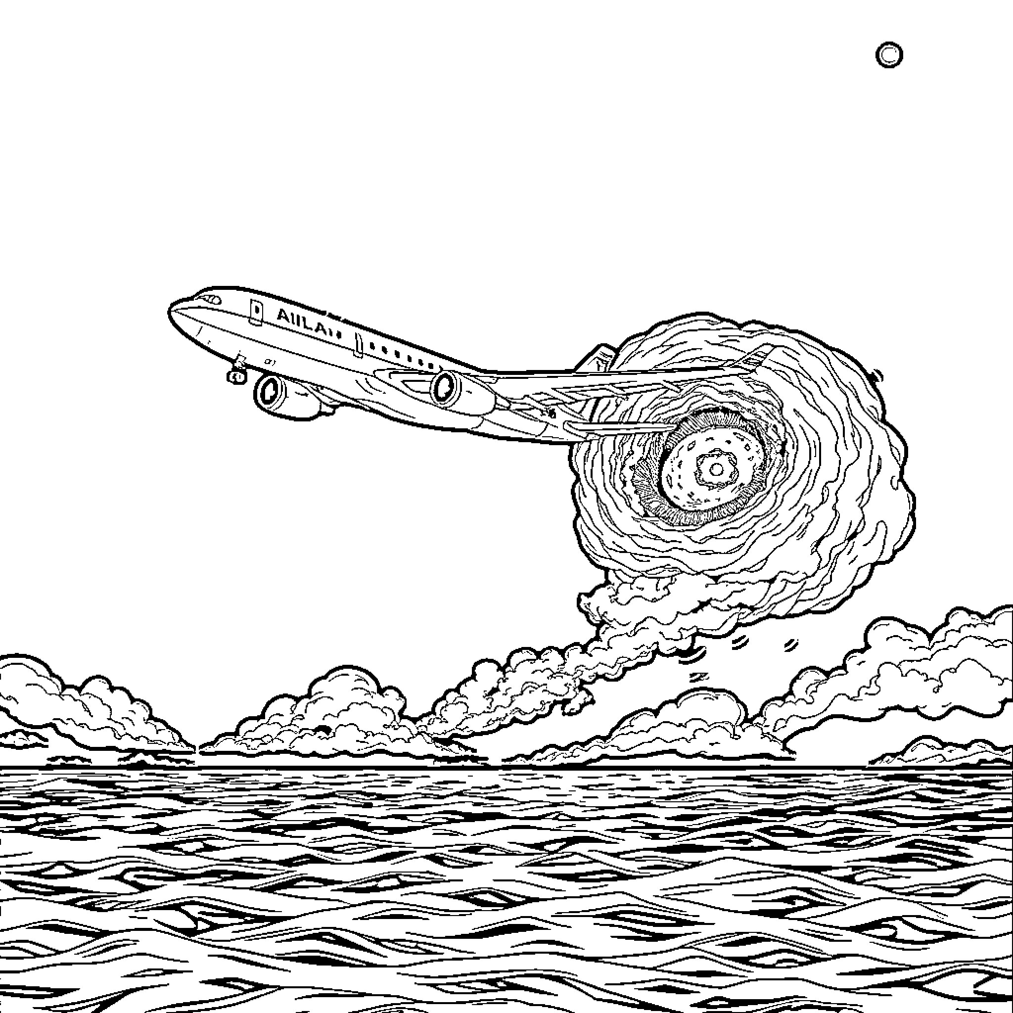 Avión sobrevolando el océano con nubes y olas Coloring Page (free black-and-white line drawing printable PDF for all, from beginners to advanced learners, including children, teens, adults, and seniors)