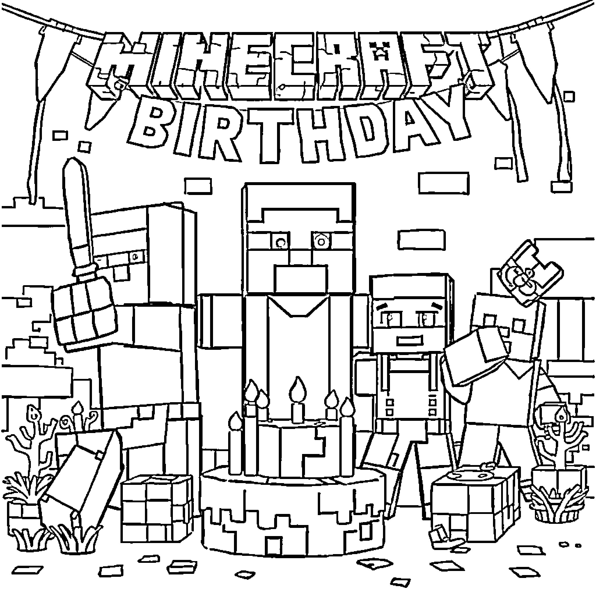 Minecraft characters celebrating birthday Coloring Page (free black-and-white line drawing printable PDF for all, from beginners to advanced learners, including children, teens, adults, and seniors)