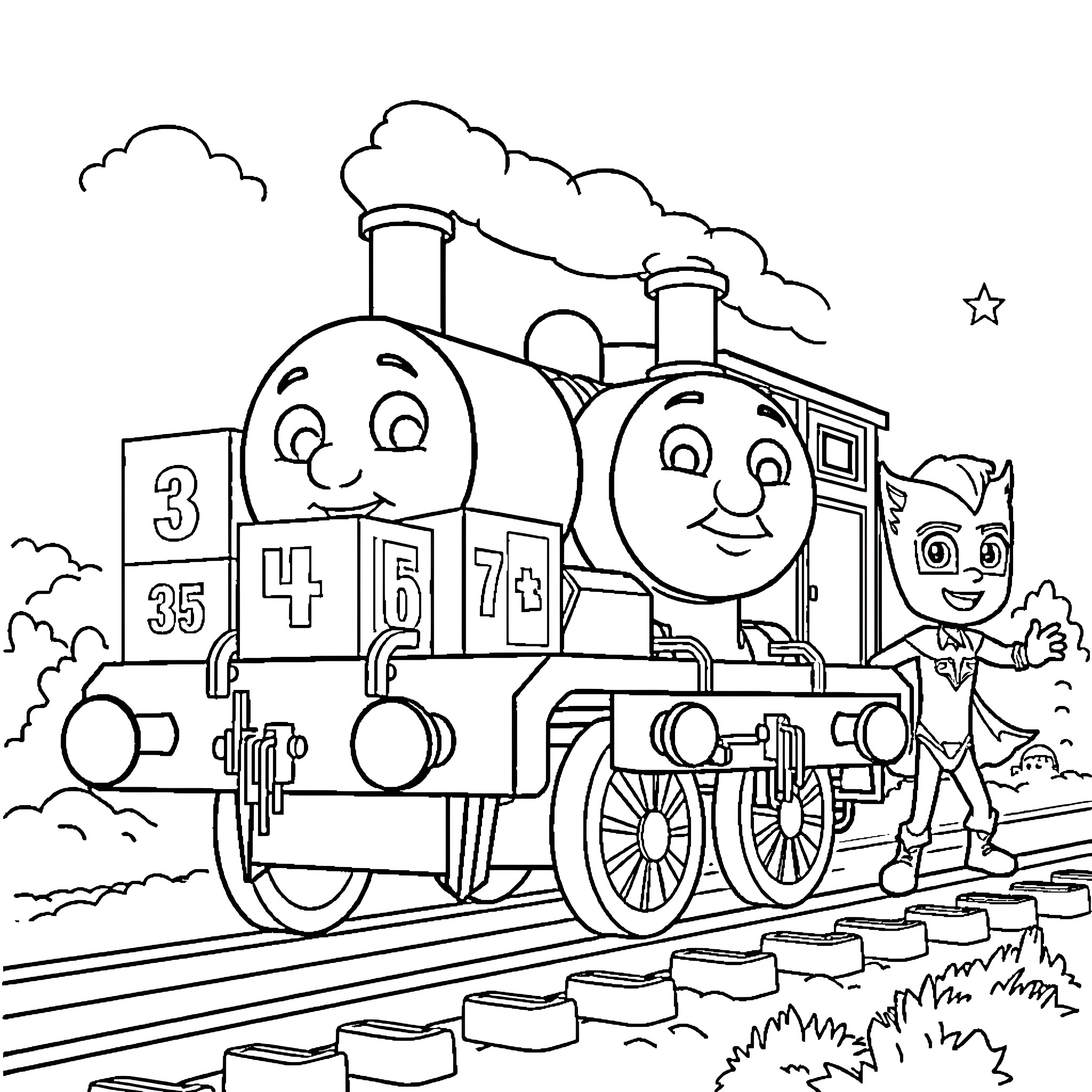 Thomas and His Train Friends on the Tracks Coloring Page (free black-and-white line drawing printable PDF for all, from beginners to advanced learners, including children, teens, adults, and seniors)