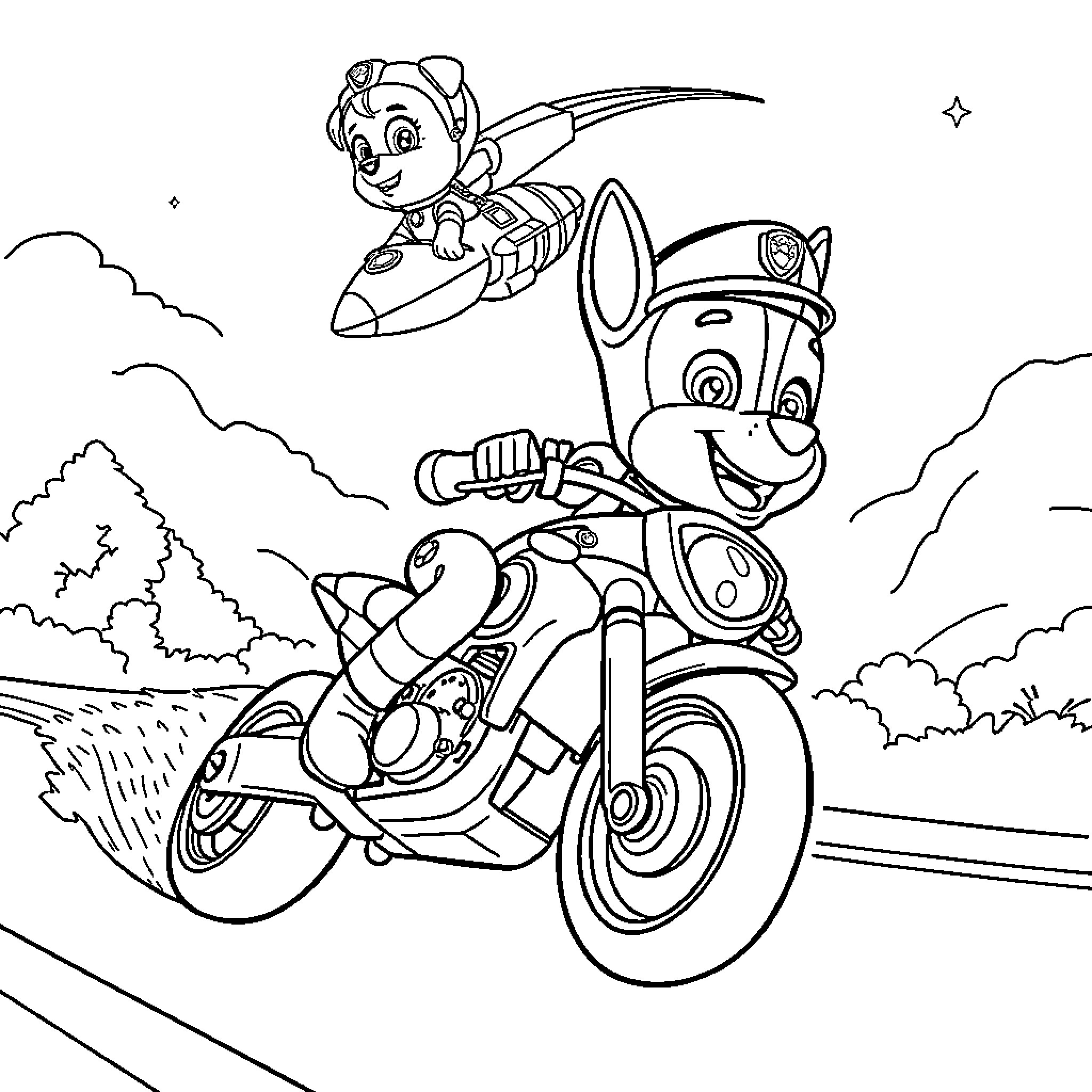 Chase the Pups on a Motorcycle Adventure Coloring Page (free black-and-white line drawing printable PDF for all, from beginners to advanced learners, including children, teens, adults, and seniors)