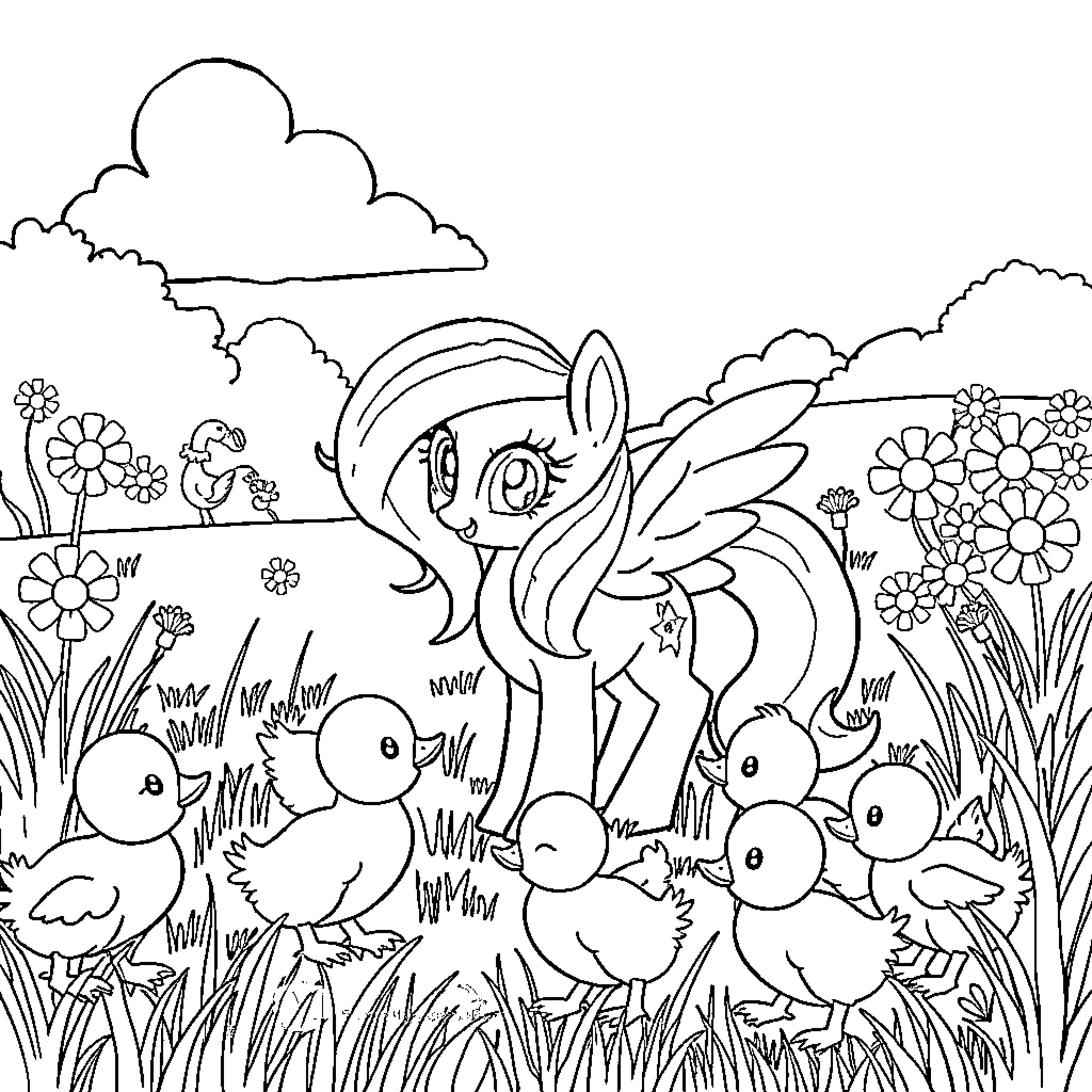 Fluttershy enjoys a spring day with ducklings Coloring Page (free black-and-white line drawing printable PDF for all, from beginners to advanced learners, including children, teens, adults, and seniors)