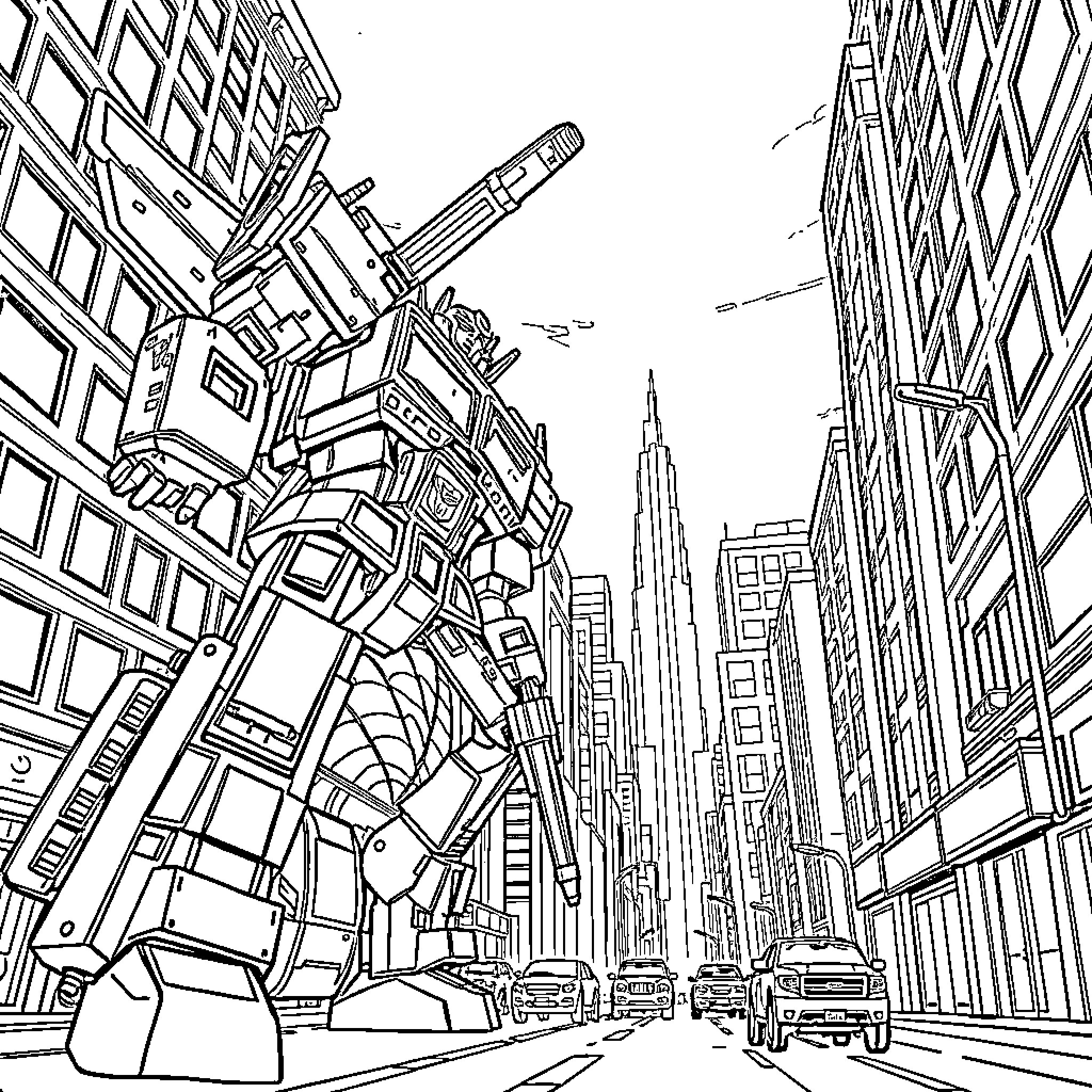 Transformer robot towers over futuristic city skyline Coloring Page (free black-and-white line drawing printable PDF for all, from beginners to advanced learners, including children, teens, adults, and seniors)