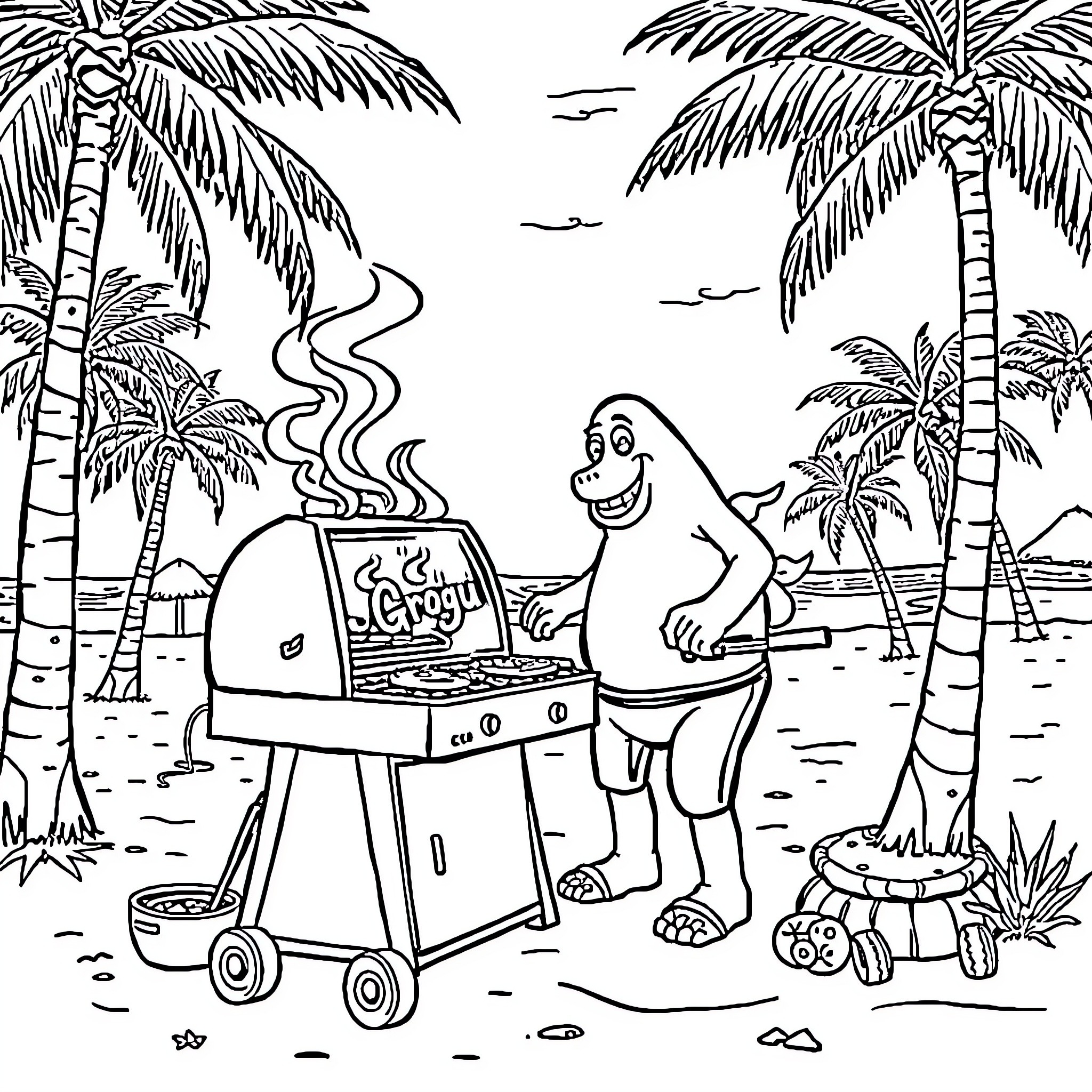 Grogu grilling on the beach with palm trees Coloring Page (free black-and-white line drawing printable PDF for all, from beginners to advanced learners, including children, teens, adults, and seniors)